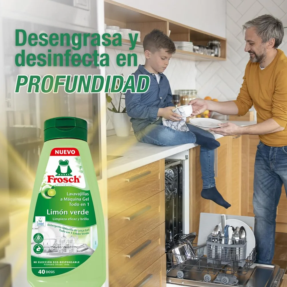 Frosch - żel do maszyny, wszystko w 1 z zieloną cytryną, czyszczenie i połysk, bez mikroplastiku i składników zwierzęcych, 40 puszek - 650 ml