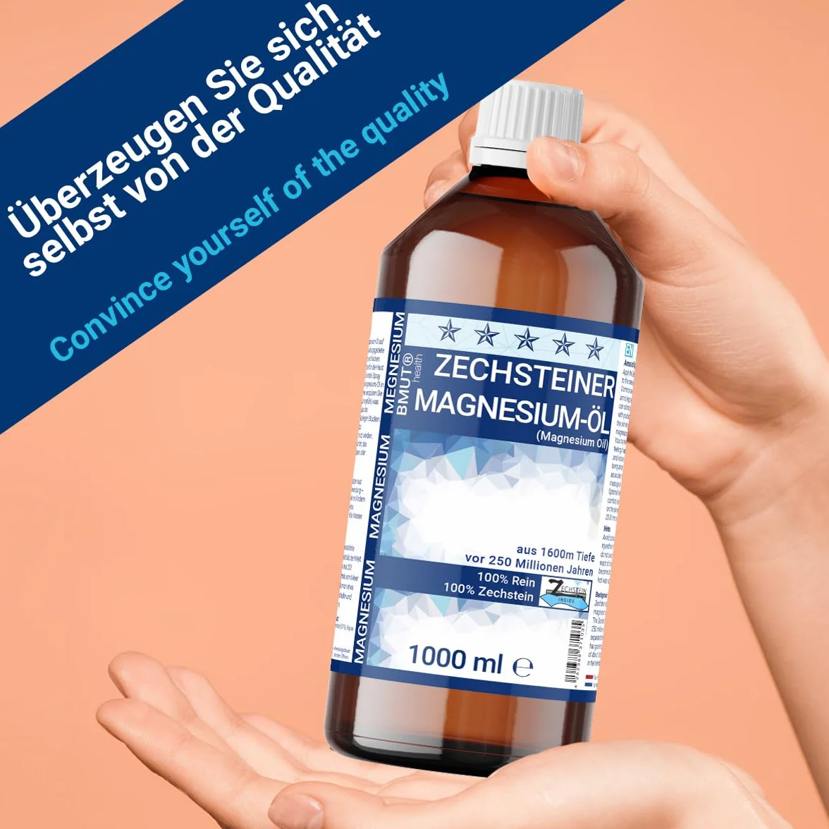 1000 ml oleju magnezowego + 100 ml spray Premium Set | 100% kamień zechstein | do masażu skóry, uprawiania sportu i relaksu mięśni | butelka z rozpylaczem z olejkiem magnezowym