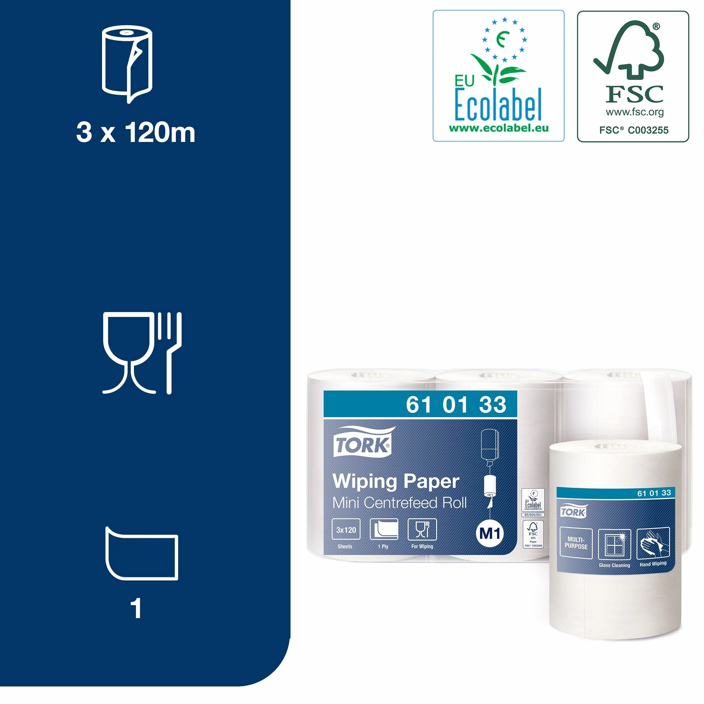 Tork wielofunkcyjne chusteczki papierowe M1 mini system dozownika 1-warstwowy biały 3 x 120 m