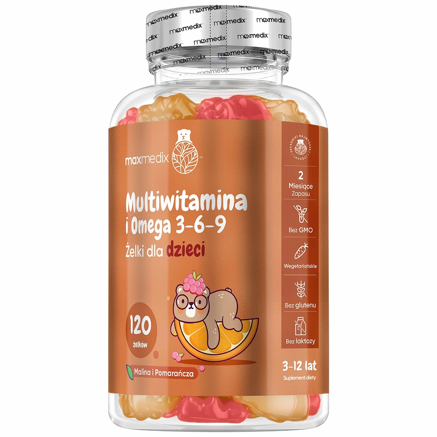 Multiwitaminowe żelki z Omega 3 6 9 dla dzieci o smaku malinowym i pomarańczowym – 120 sztuk – kompleks 17 witamin, minerałów i kwasów tłuszczowych Omega, bez GMO, glutenu i laktozy