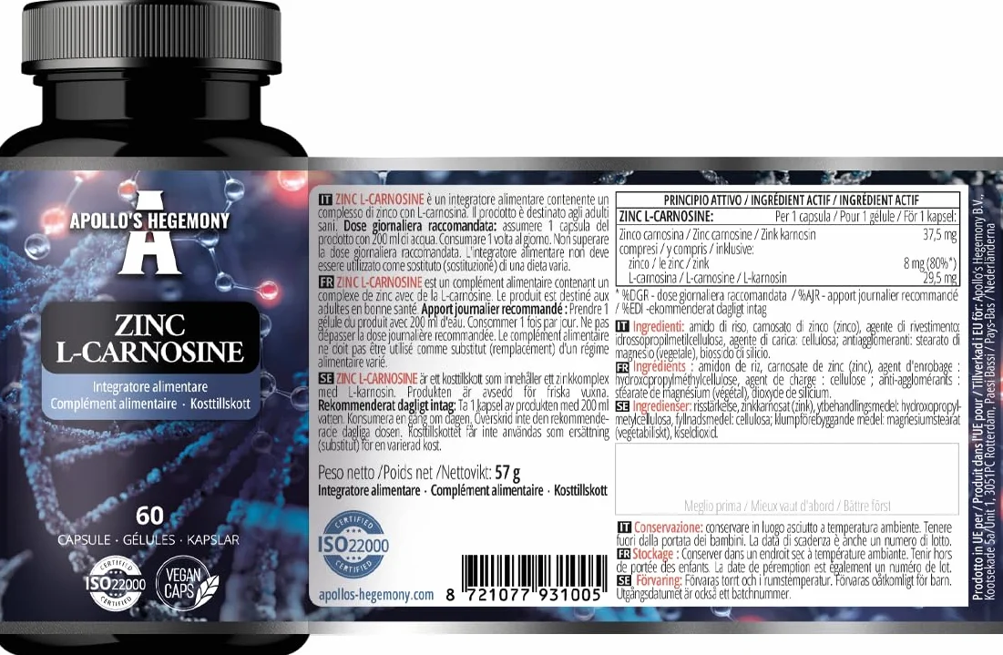 Cynk L-karnozyna 37,5 mg w kapsułce - 90 kapsułek wegańskich - zapas na 3 miesiące - dla zdrowia skóry, włosów i paznokci - suplement od Apollo's Hegemony