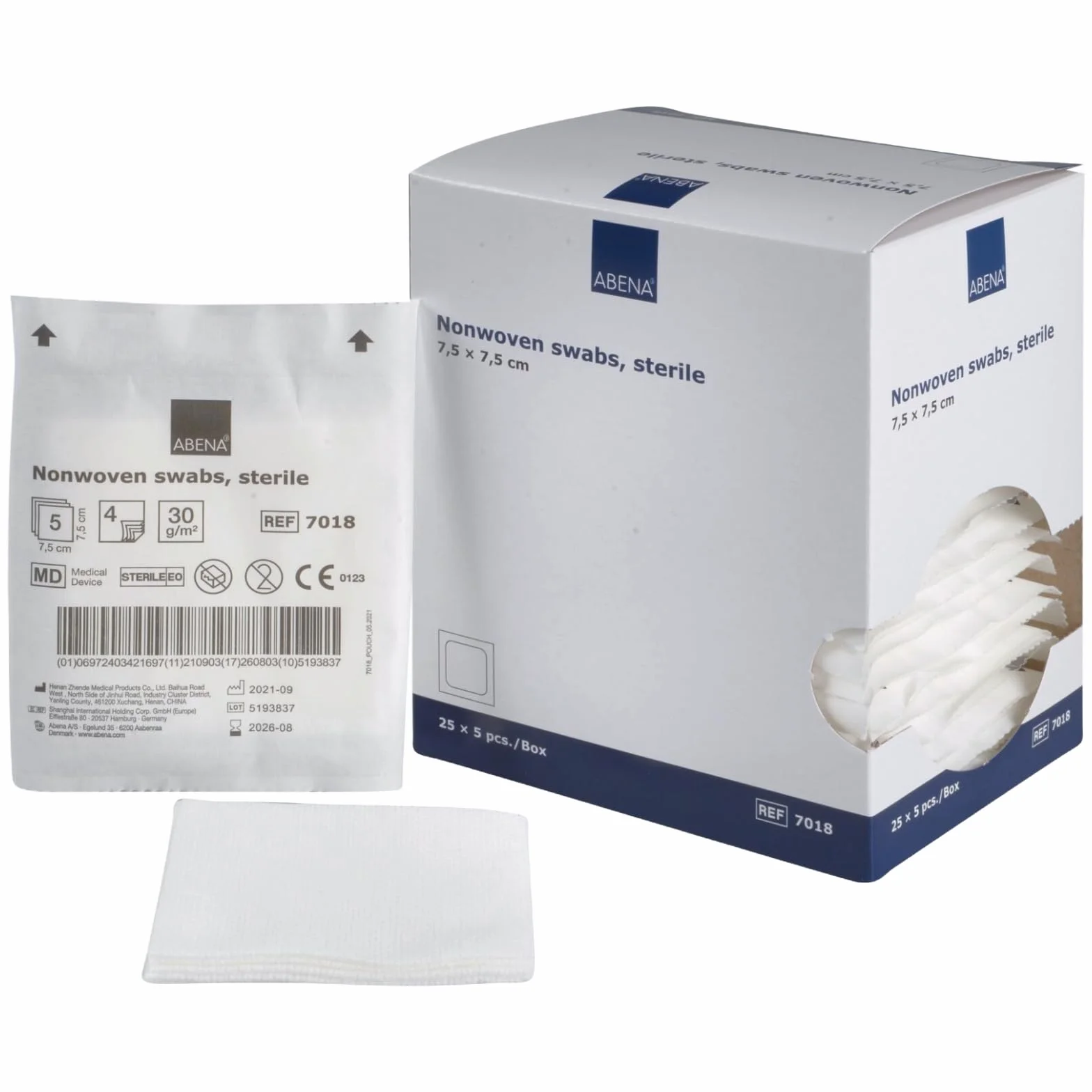 ABENA kompresuje 125 sztuk, nietkane, sterylne ultra ostre opatrunki na rany, 4-warstwowe 7,5 x 7,5 cm, pakowane 5 sztuk (1 pudełko = 125 sztuk)