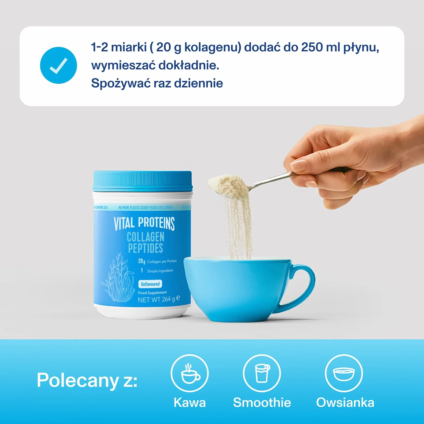 Suplement diety Vital Proteins Collagen Peptides w formie proszku, hydrolizowany kolagen o neutralnym smaku - wspiera skórę, włosy i paznokcie, bezglutenowy, 20g w porcji,1 opakowanie 264g