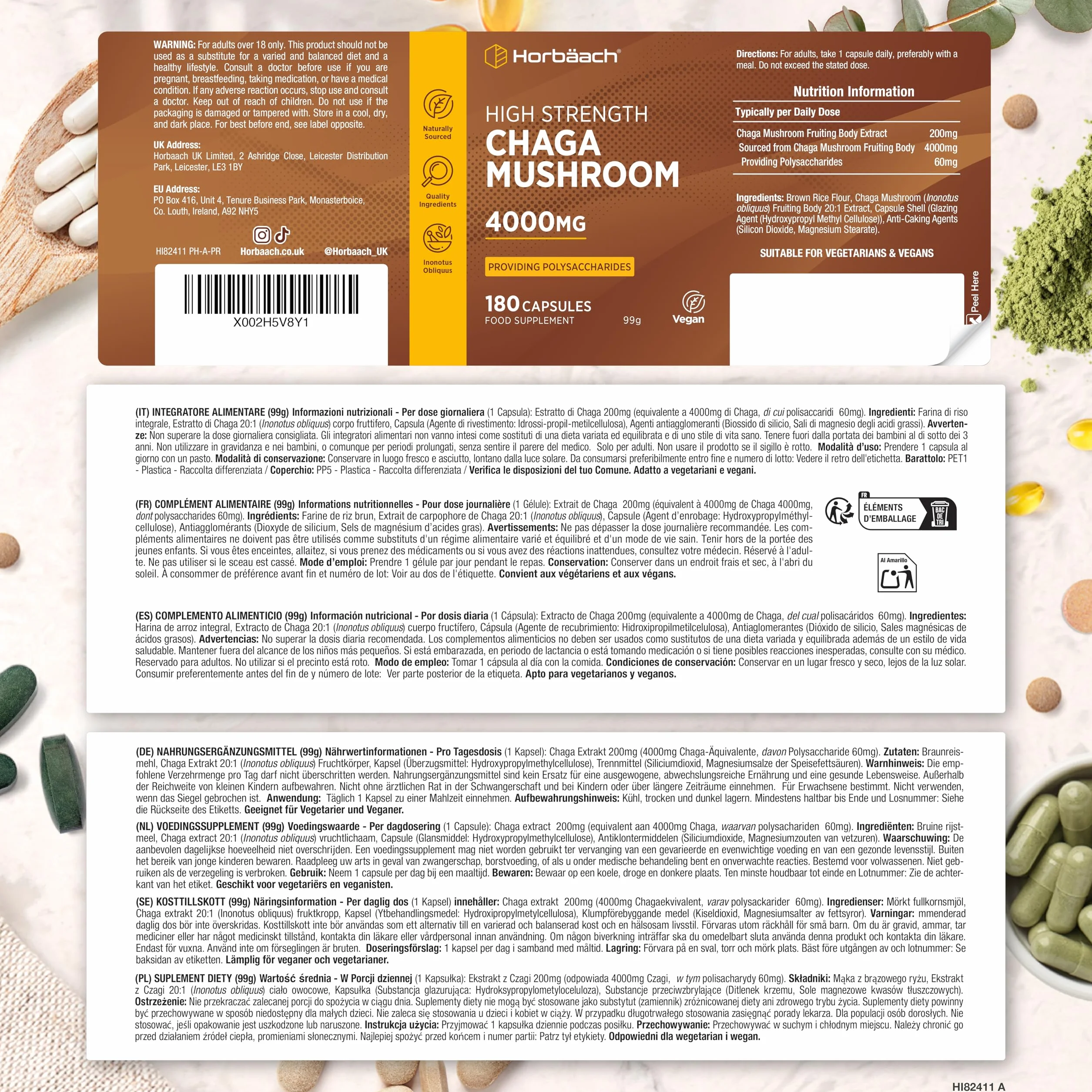 Chaga Grzyb Kapsułki 4000mg | Błyskoporek Podkorowy lub Chaga (Inonotus obliquus) | Naturalnego Pochodzenia | 90 Wegańskich Kapsułek | marki Horbaach