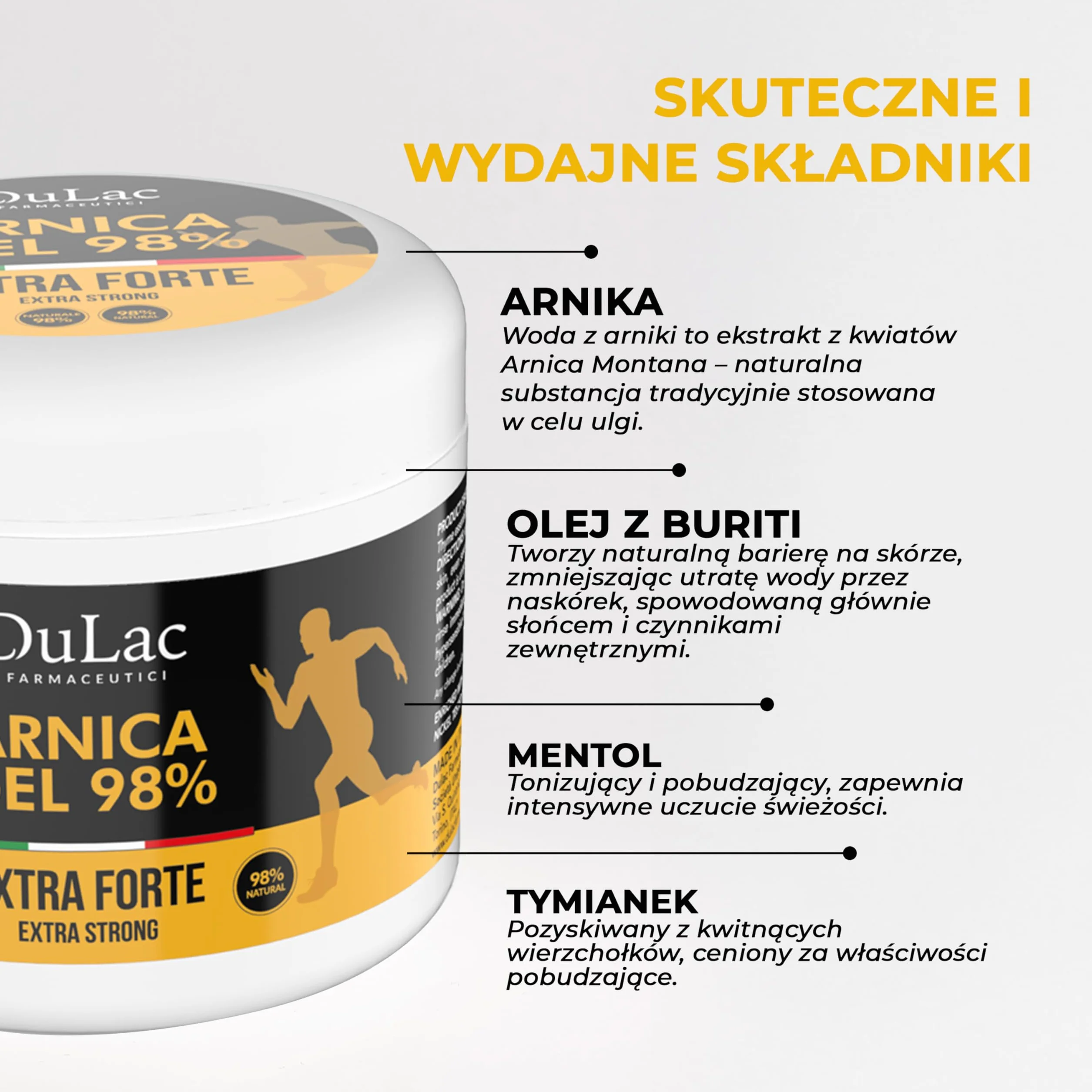 DuLàc, Żel z Arniką 98% z Olejkiem Buriti, Tymiankiem i Mentolem, Odpowiedni do Masażu Skóry Mięśni i Stawów, Testowany Dermatologicznie, Testowany na Nikiel, Wyprodukowany we Włoszech, 500 ml