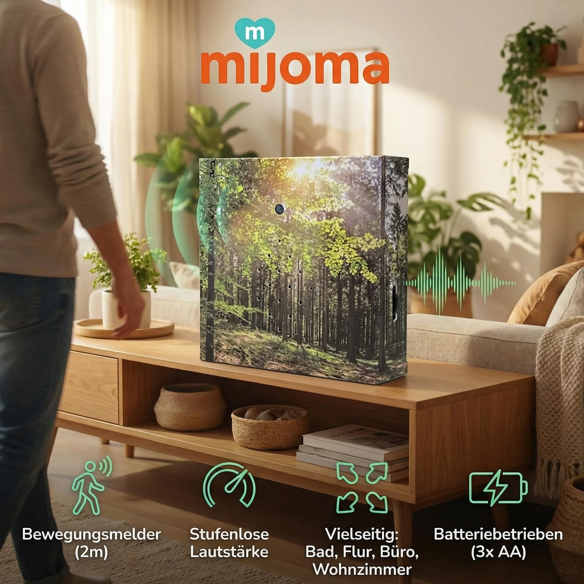 MIJOMA Soundbox z śpiewem ptaków i leśną scenerią – kojący relaks w Twoim domu | głośnik, czujnik ruchu i przełącznik wł./wył. | idealny do łazienki, korytarza, biura i salonu | 12 x 12 cm (las)