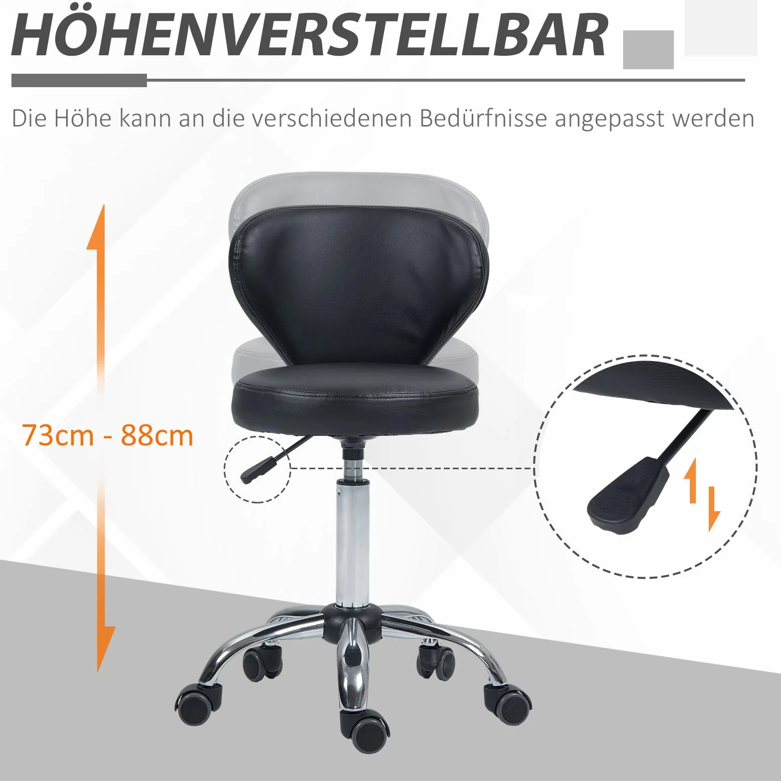 HOMCOM Taboret na kółkach z regulacją wysokości, obrotowy taboret do salonu z oparciem, kółkami, taboret roboczy do biura, salonu, ze sztucznej skóry, 45 x 54 x 73-88 cm, czarny