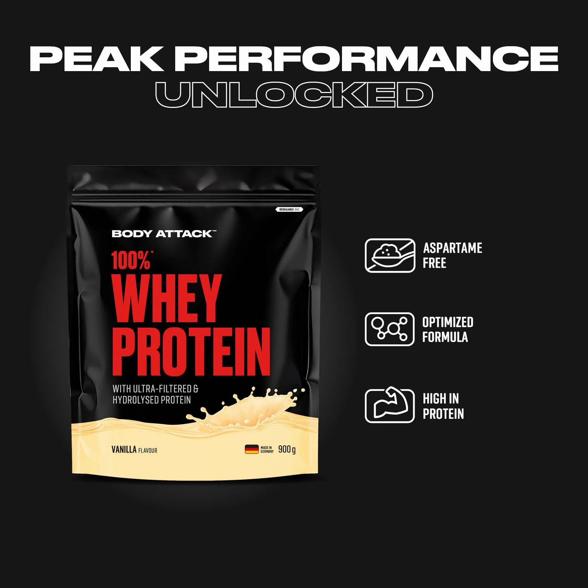Body Attack 100% WHEY PROTEIN wanilia 900 g proszek białkowy z hydrolizatem i BCAA