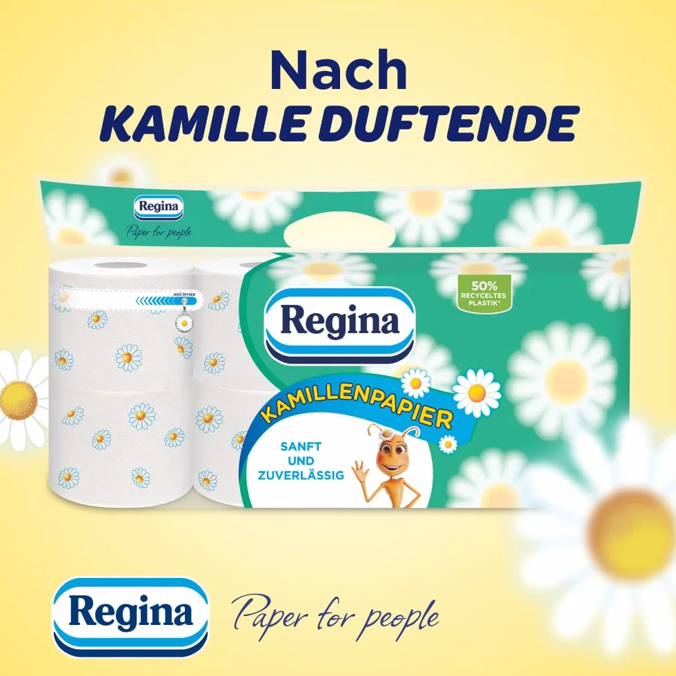 Regina Papier Rumiankowy 48 Rolek po 150 Listków, Miękki i Delikatny, Zapachowy, z Nadrukiem, 3 Warstwy, Duże Opakowanie, Certyfikat FSC, Czysta Celuloza