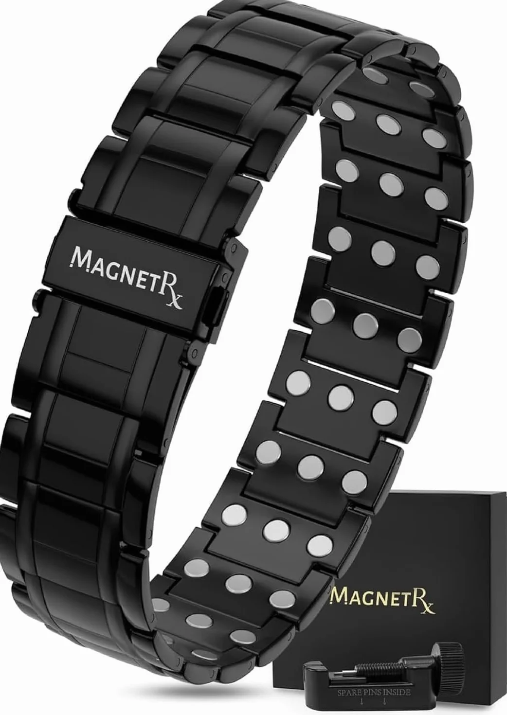 MagnetRX® Bransoletka Magnetyczna 3X dla Mężczyzn – Tytanowa Bransoletka z Magnesami – Regulowana Długość, Zapięcie na Zatrzask, Narzędzie do Dopasowania i Pudełko Prezentowe (Czarna)