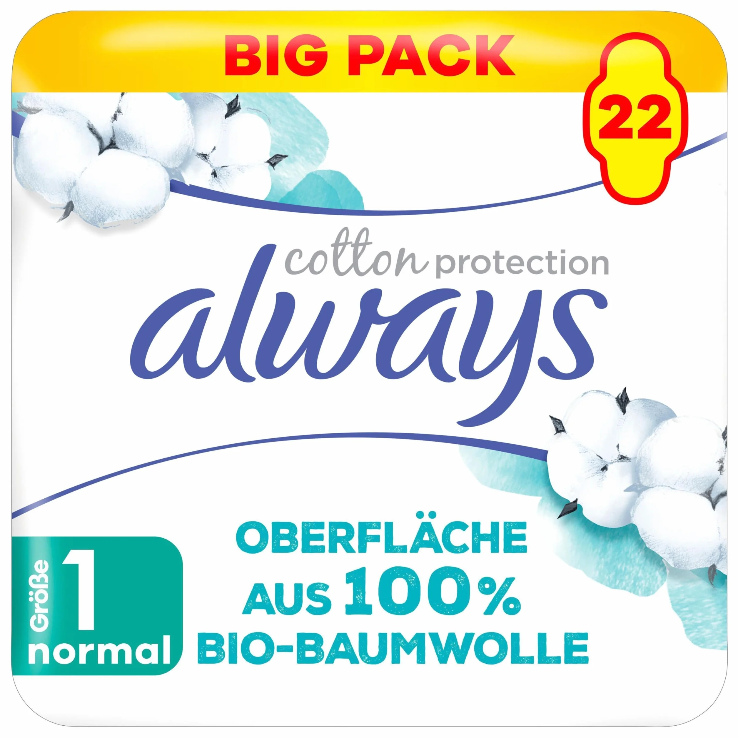 Always Ultra Binden damskie rozm. 1, normalne (22 podpaski higieniczne ze skrzydłami) Big Pack, Organic Cotton Protection, bezpieczna ochrona i powierzchnia 100% bawełna ekologiczna