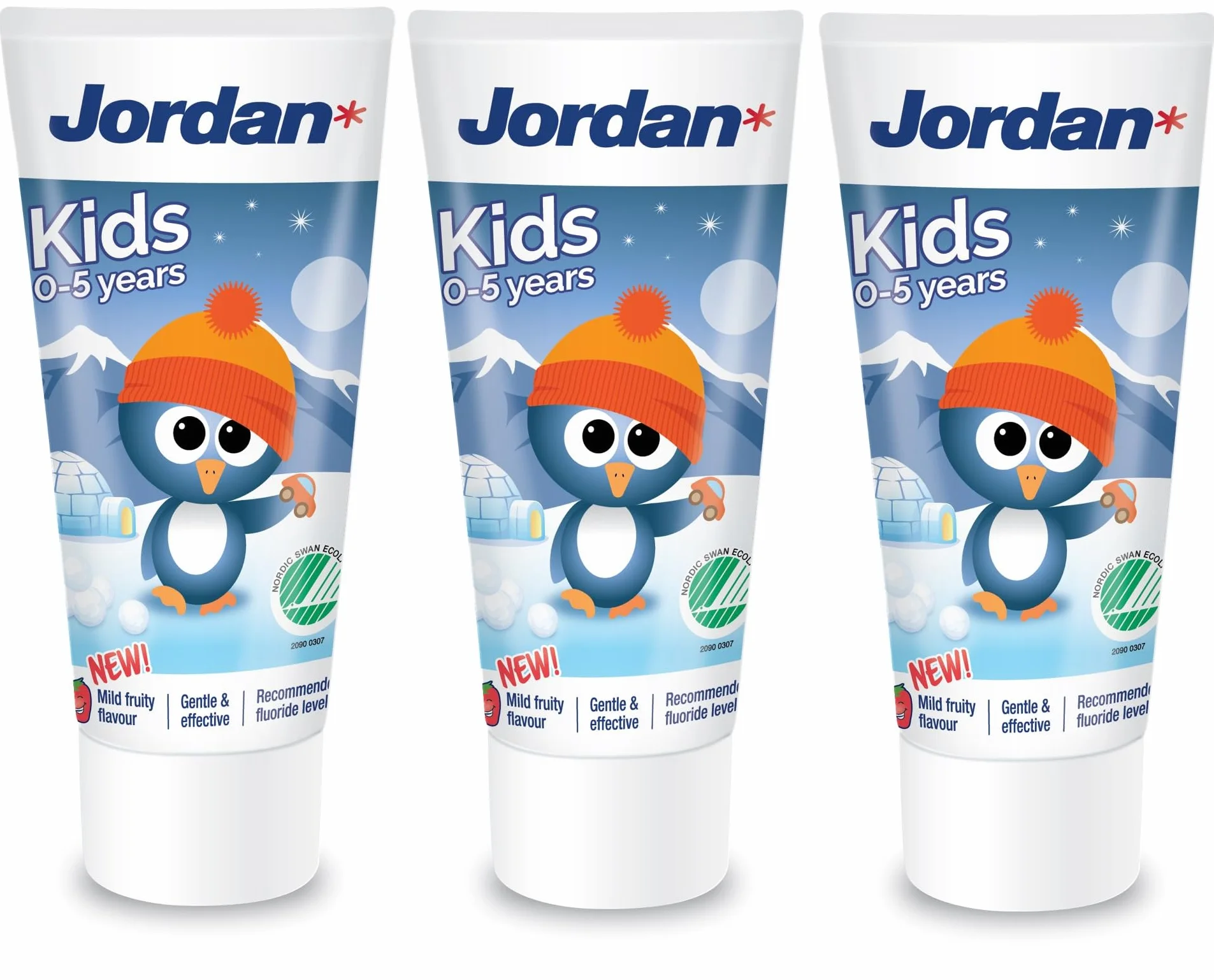 Jordan ® | Pasta do zębów dla dzieci | 0-5 lat | łagodny owocowy smak | 50 ml x 3 | 1000 ppm fluorek | bez SLS | łagodny owocowy smak | do zębów mlecznych i wrażliwych dziąseł