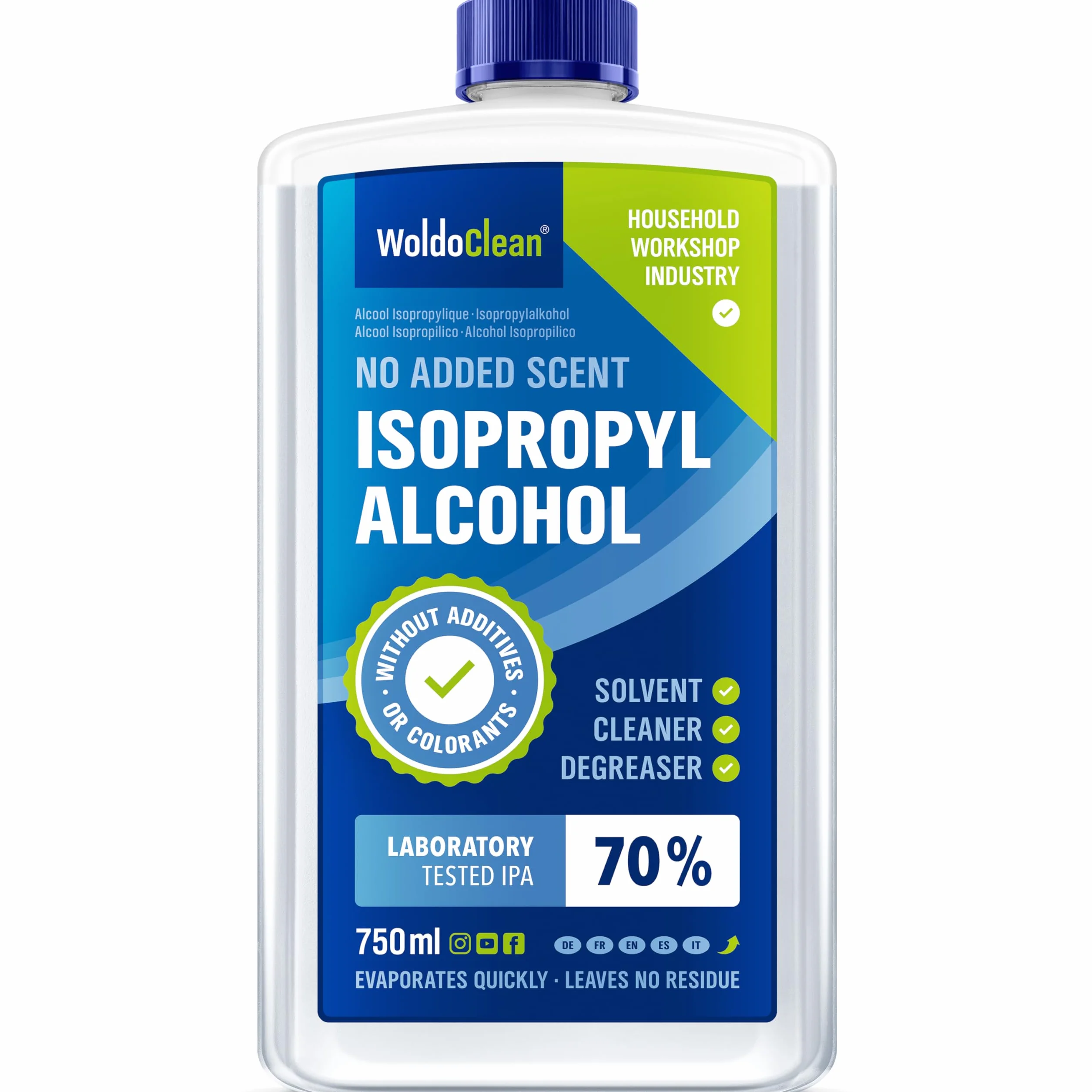 WoldoClean Alkohol izopropylowy 70% 750 ml – Środek czyszczący do elektroniki, szkła i gospodarstwa domowego, IPA, odtłuszczacz i rozpuszczalnik, nie pozostawia śladów