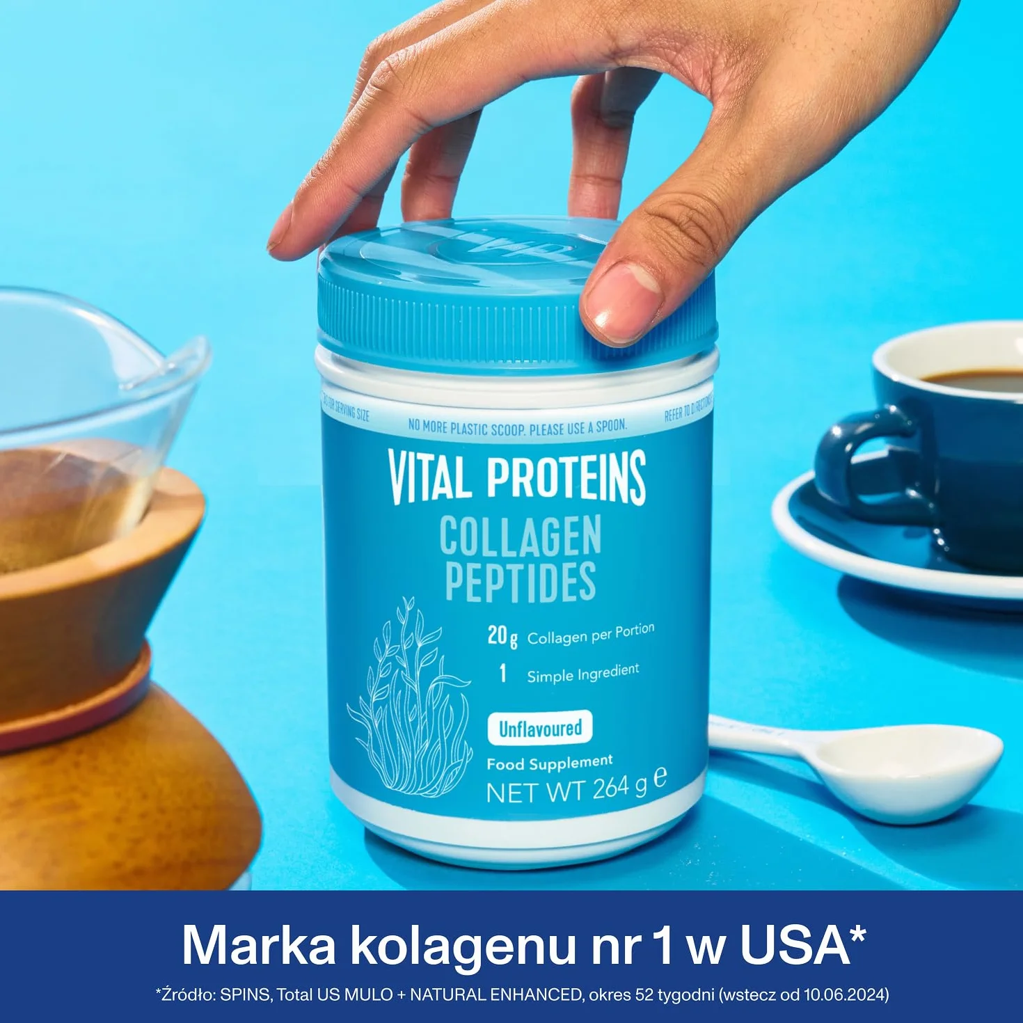 Suplement diety Vital Proteins Collagen Peptides w formie proszku, hydrolizowany kolagen o neutralnym smaku - wspiera skórę, włosy i paznokcie, bezglutenowy, 20g w porcji,1 opakowanie 264g