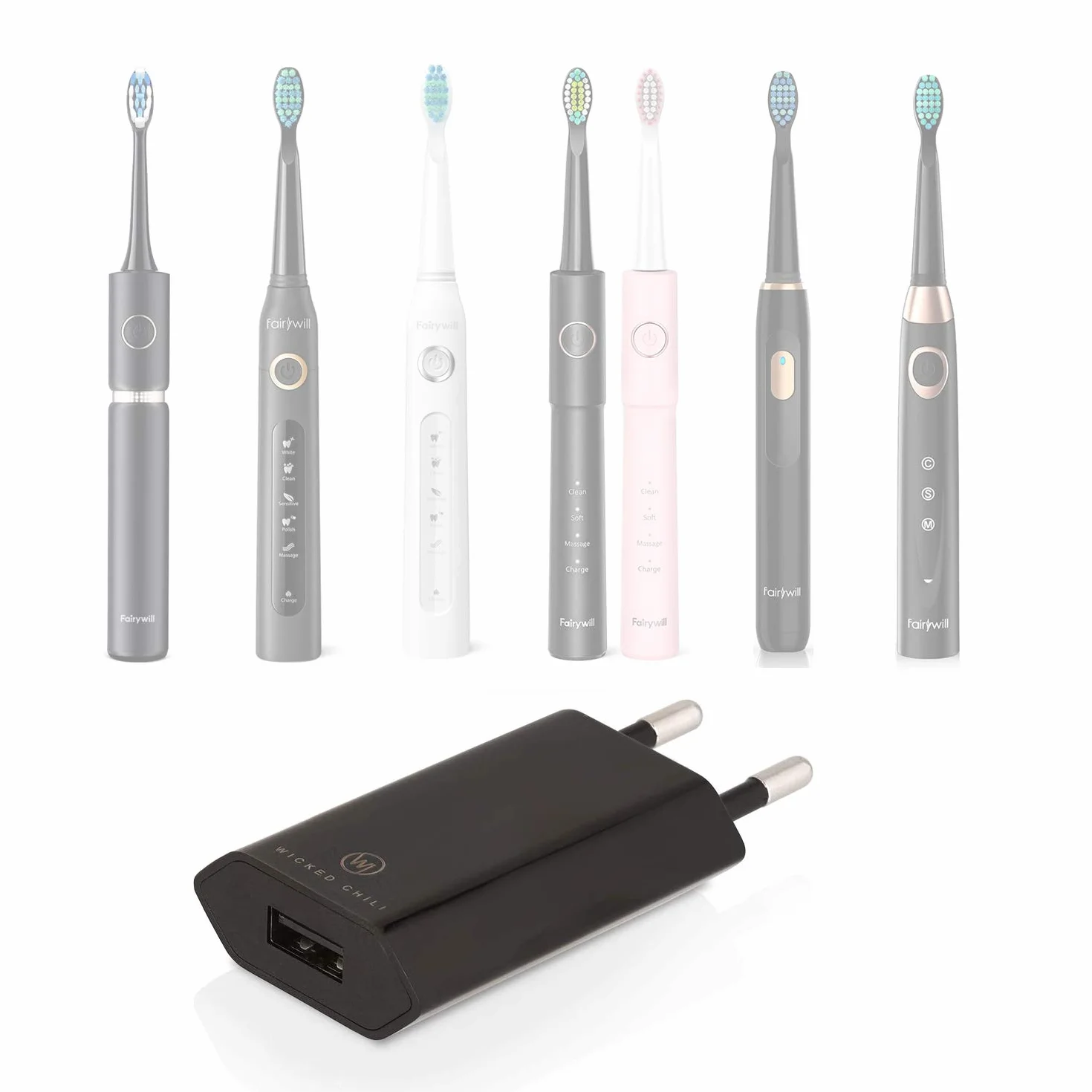 Wicked Chili Zasilacz sieciowy – Ultra Slim – adapter USB odpowiedni do elektrycznej szczoteczki do zębów, sonicznej szczoteczki do zębów, irygatora jamy ustnej | kompatybilny z Fairywill P11 Plus,