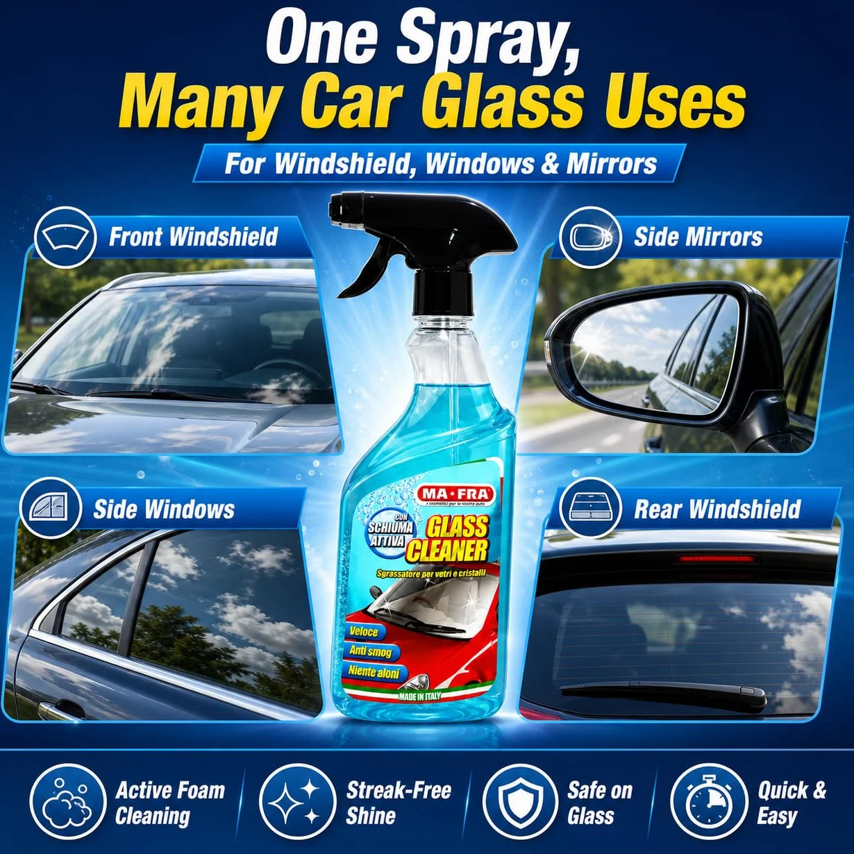 MA-FRA Glass Cleaner Trigger 500 ml — Profesjonalny środek do czyszczenia szyb samochodowych, szybkie czyszczenie bez aureoli, maksymalna przezroczystość kryształów, szyb przednich i lusterek