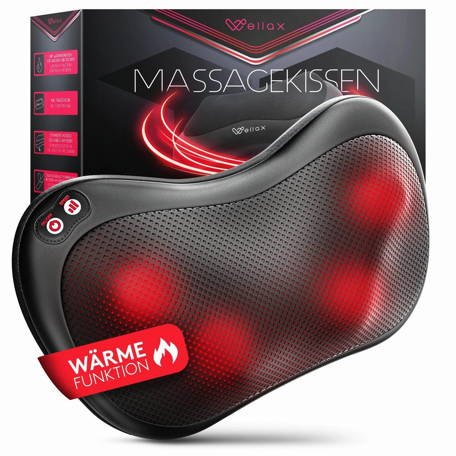 WELLAX Relaksująca poduszka do masażu z funkcją ogrzewania i obrotu o 360°, 3 prędkości Shiatsu na ramiona i plecy z paskiem przedłużającym, czarny aparat do masażu szyi