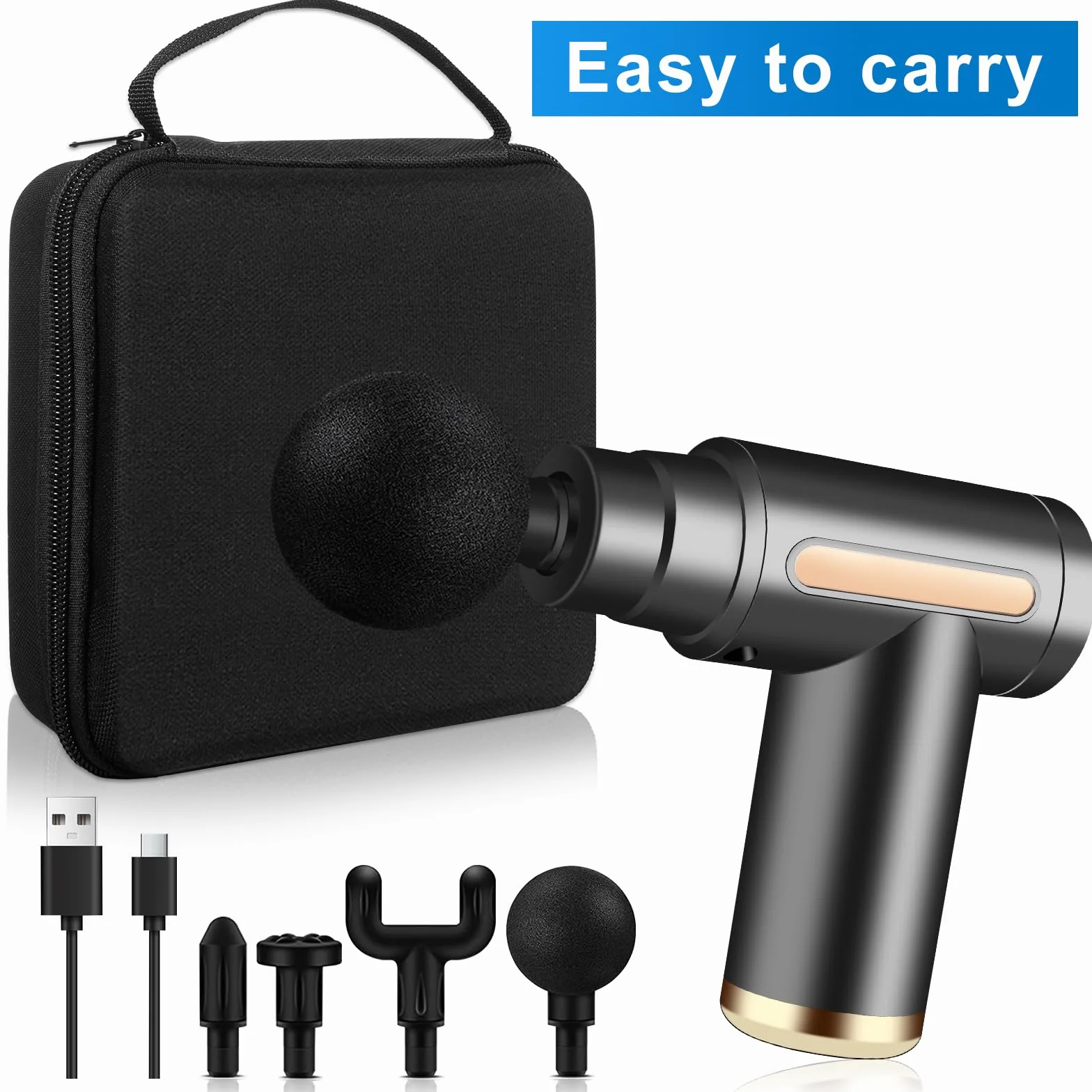 AQXONG Mini pistolet do masażu mięśni, bardzo cichy pistolet do masażu, 6 prędkości, 4 głowice do masażu, wyświetlacz LCD, przenośne masażery elektryczne łagodzące bóle mięśni