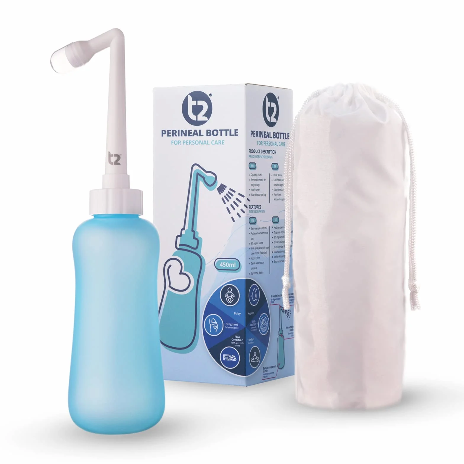 T2 Butelka na krocze - przenośny bidet do pielęgnacji poporodowej, ulga w bólu, plastikowa butelka 450 ml z dyszą 60° i zmywalną torbą do przechowywania, torba szpitalna, niezbędna dla mamy, prezent