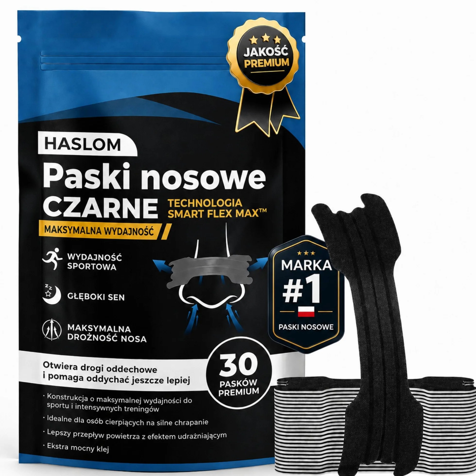 Plastry na Nos dla Lepszego Oddychania i Chrapania - HASLOM - Czarne Plastry Nosowe na Sport i Sen, Antyresonansowe, Maksymalna Przyczepność - 30 szt.