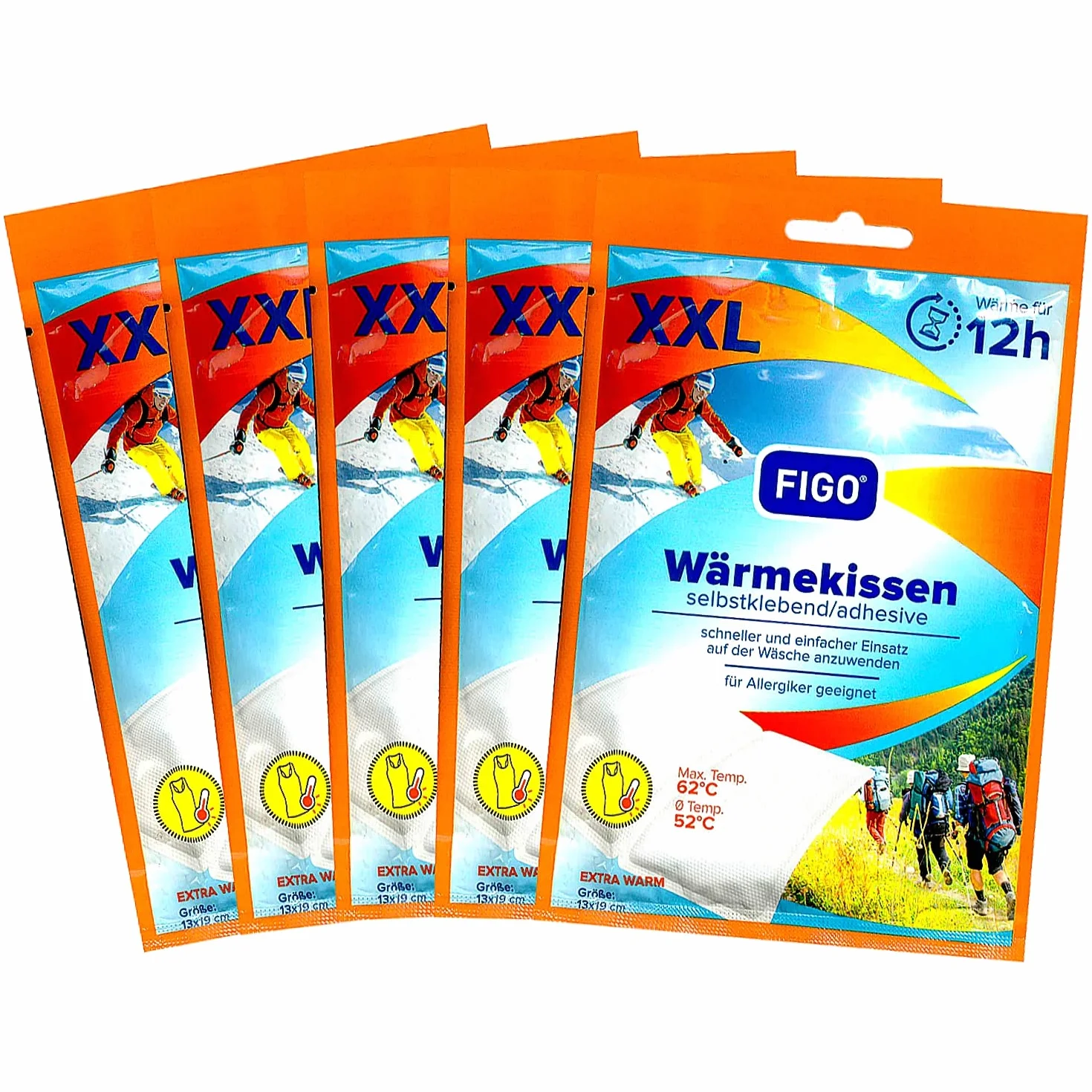 FIGO 5 poduszek rozgrzewających 12 h, XXL, bardzo duże 13 x 19 cm, dozownik ciepła, produkt wellness do masażu i relaksu, 3118