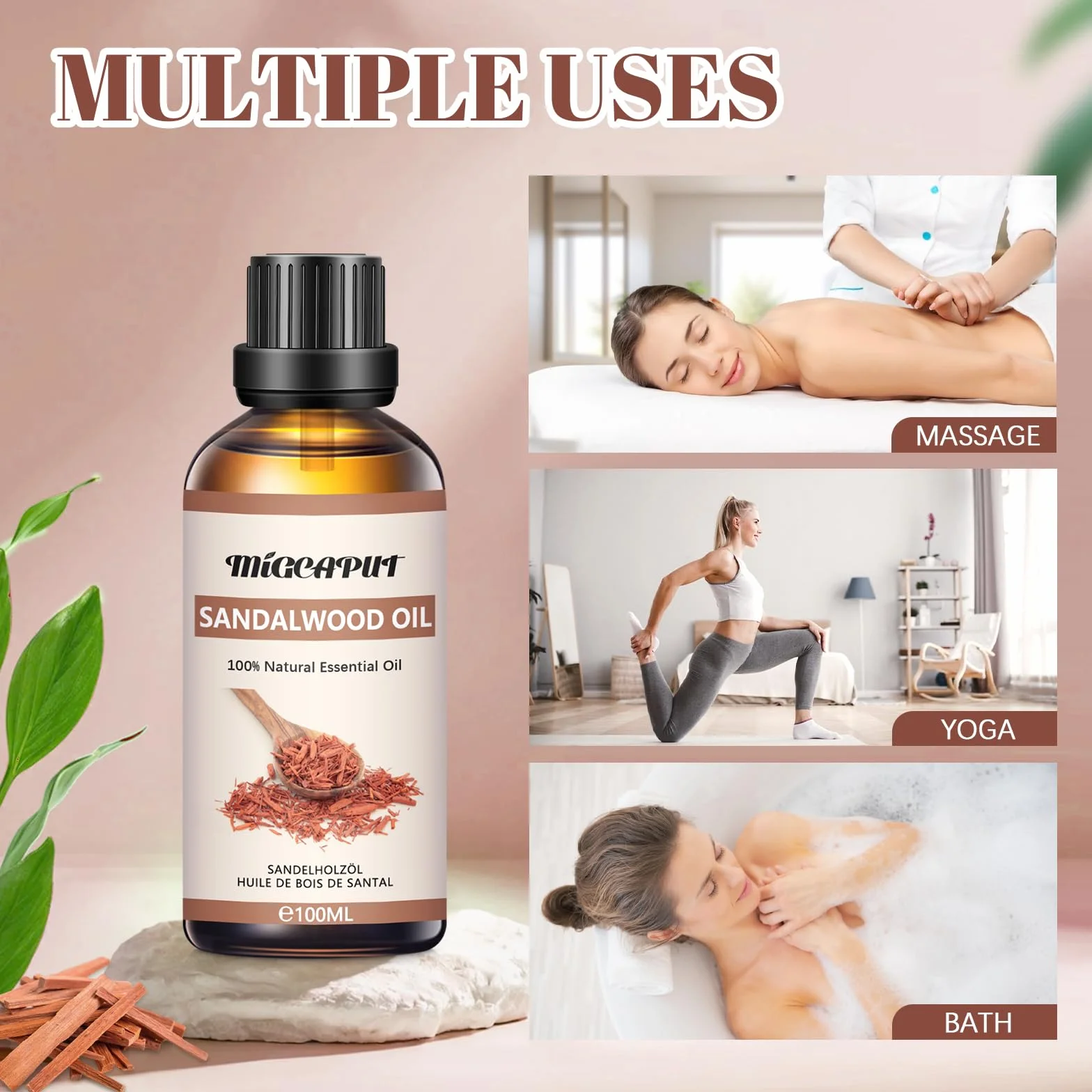 MIGCAPUT Olejek Eteryczny z Drzewa Sandałowego 100ML, Naturalny Olejki Aromaterapeutyczny, Olejek Zapachowy Premium do Dyfuzora, SPA, Masażu, Ręcznie Robione Mydło, Ręcznie Robione Świece