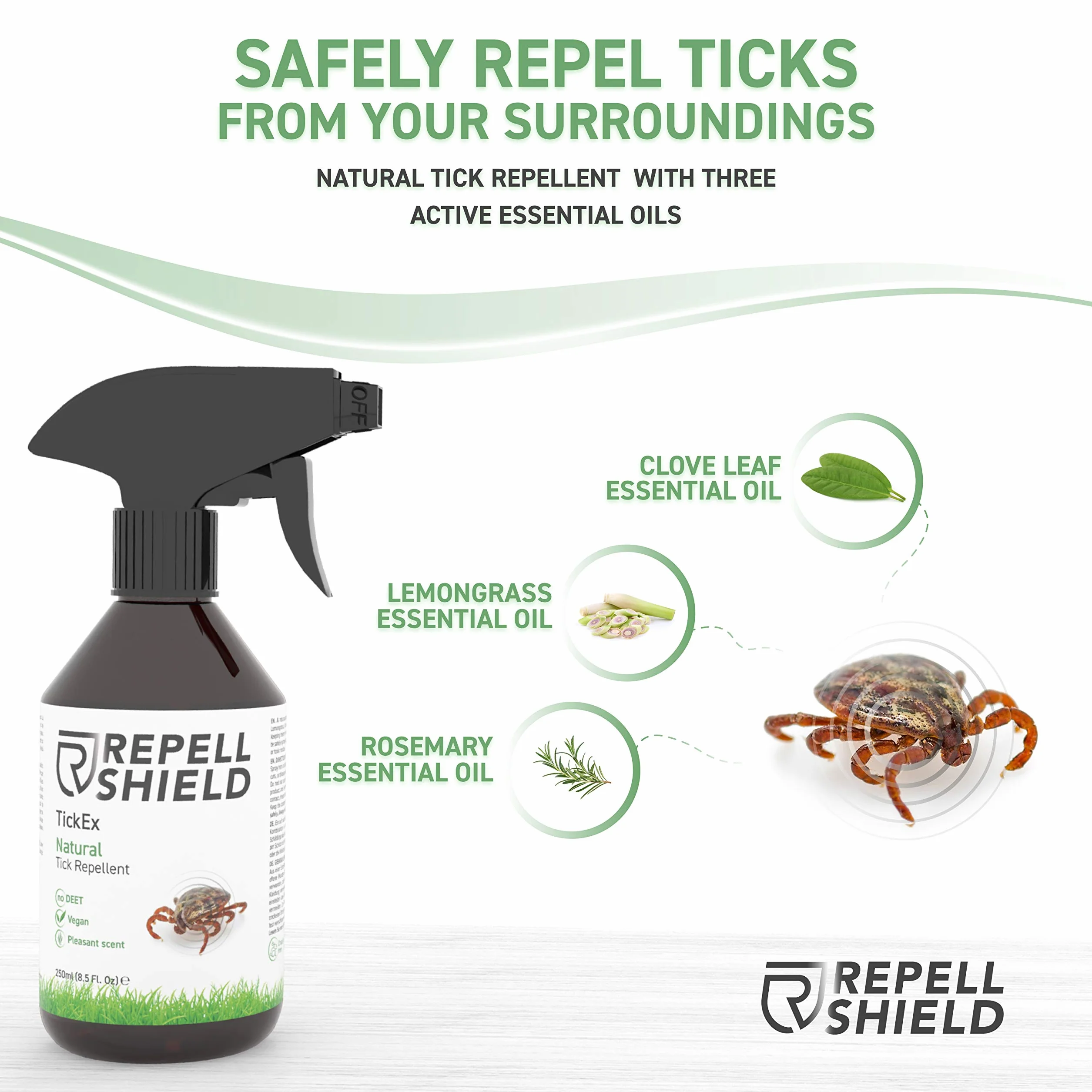RepellShield Natural Tick Protection - 250ml - Przyjazny dla skóry spray na kleszcze jako bariera ochronna dla ludzi, spray na owady do ciała i środek odstraszający kleszcze dla kotów i psów
