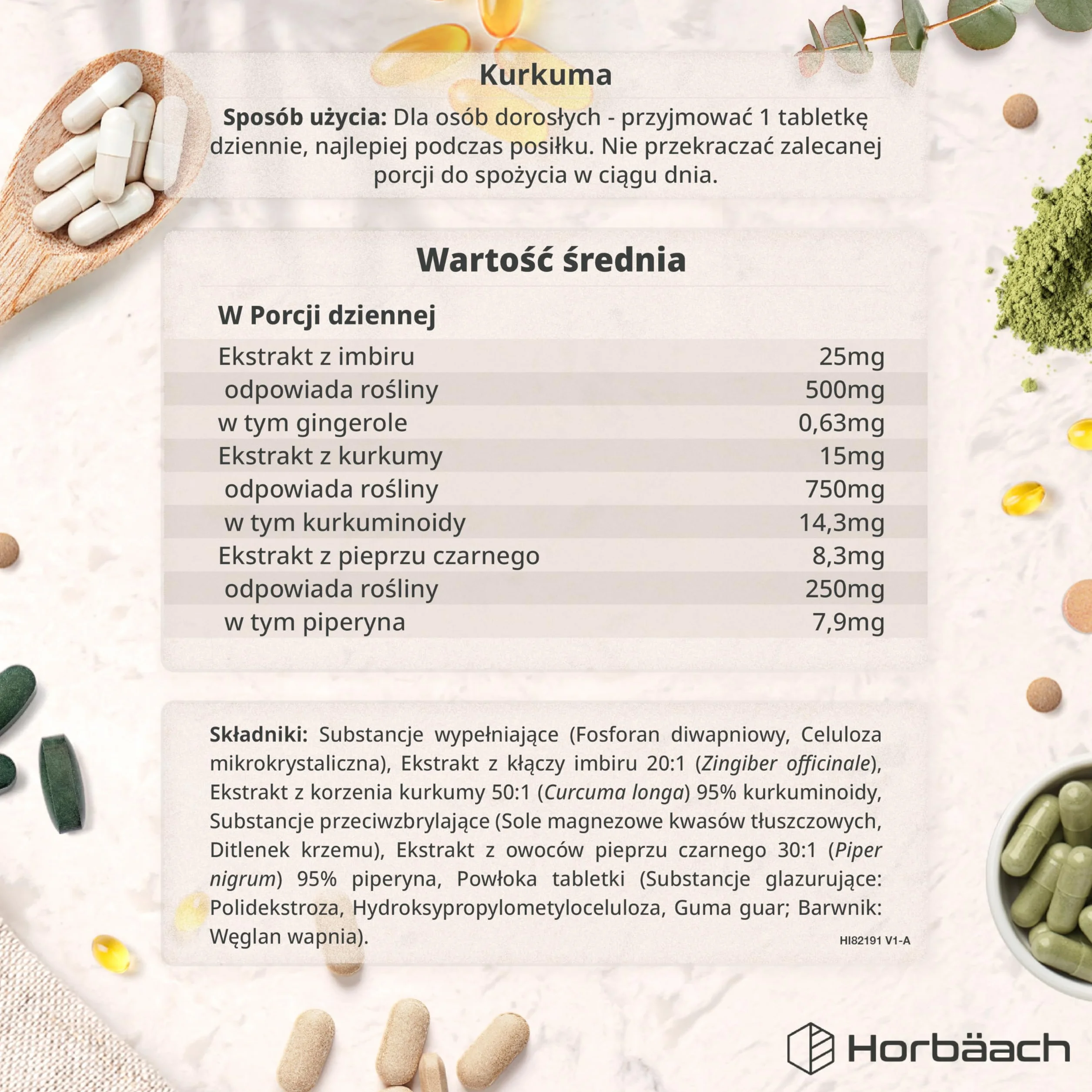 Kurkuma Tabletki 1500mg z Czarnym Pieprzem i Imbirem | 95% Kurkuminoidów | Roczny zapas | Wysoka zawartość aktywnego ekstraktu kurkuminy | 365 Wegańskich Tabletek | marki Horbaach