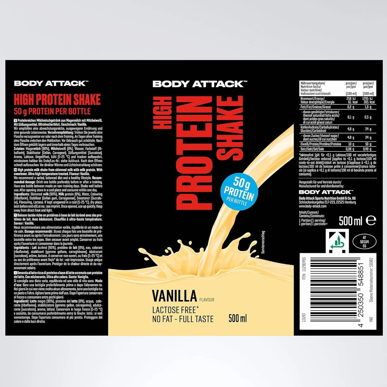 Body Attack High Protein Shake, 50 g, niskokaloryczny shake fitness z białkiem mleka dla rozwoju mięśni, gotowy do picia w podróży, wanilia (12 x 500 ml)