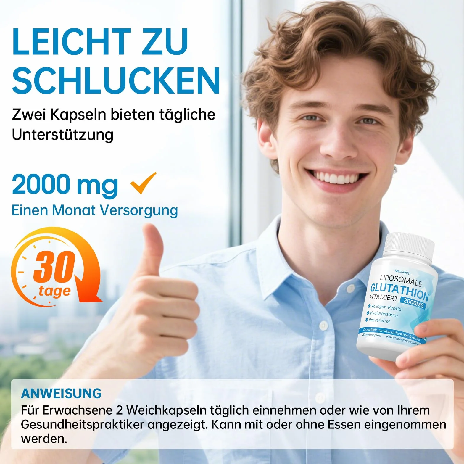Liposomales Glutathion 2000 mg mit Hyaluronsäure, Kollagenpeptid & Resveratrol, 60 Stück