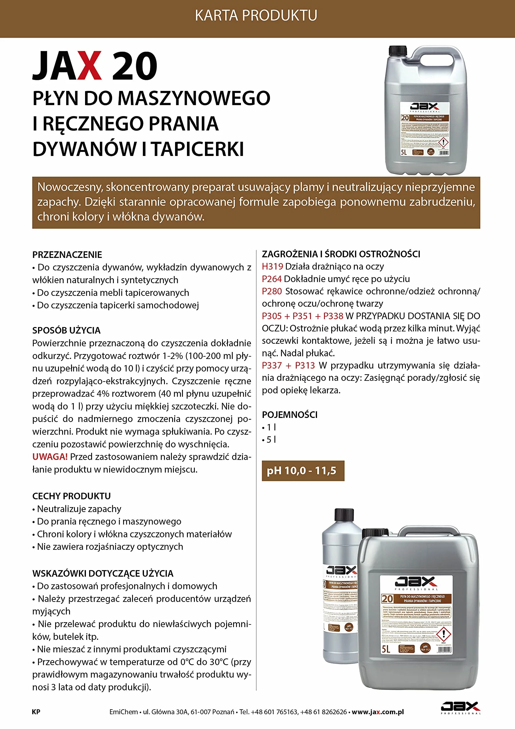 20 1L - PŁYN DO MASZYNOWEGO I RĘCZNEGO PRANIA DYWANÓW I TAPICERKI