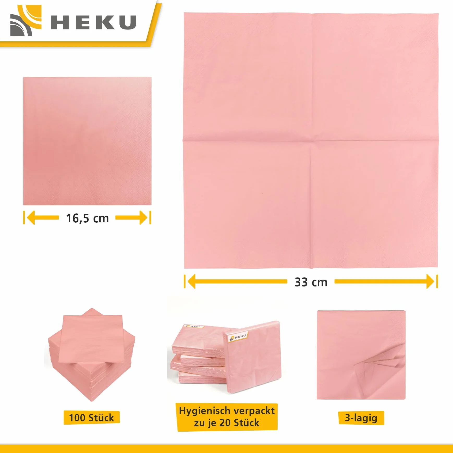 HEKU Serwetki Jednokolorowe 3-warstwowe 33x33 cm Różowe