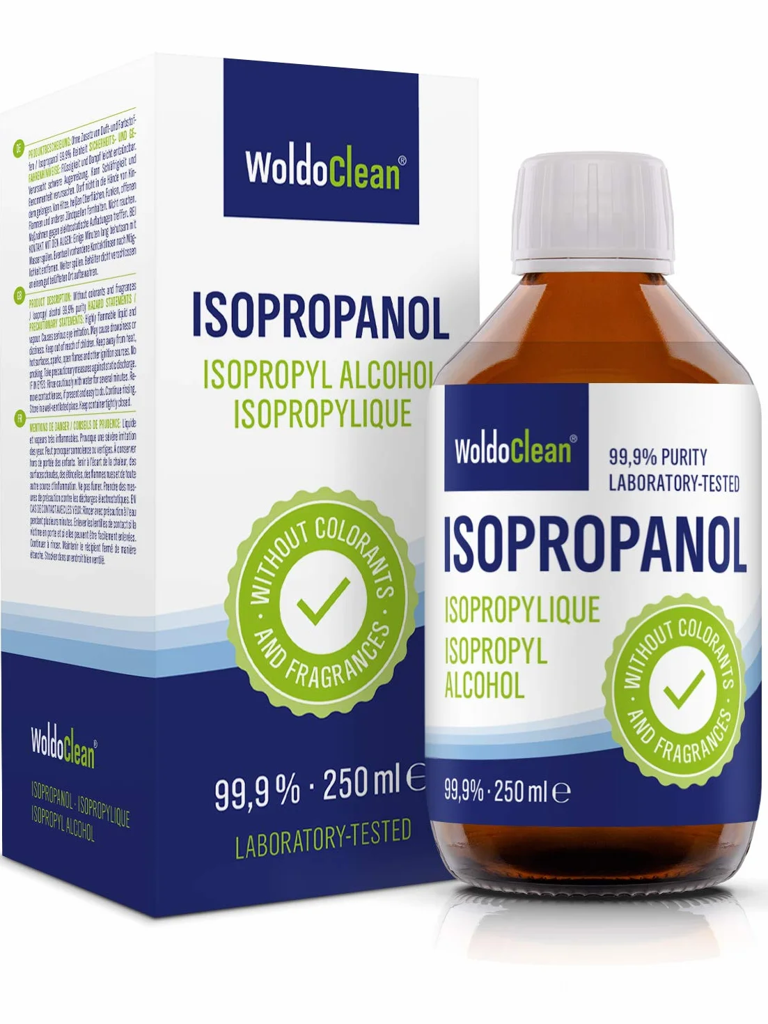 WoldoClean Isopropanol 99,9% alkohol czyszczący 250 ml butelka szklana – IPA wysokiej czystości, bezbarwny i niepozostawiający pozostałości do elektroniki, drukarek 3D, gospodarstwa domowego i prac rę