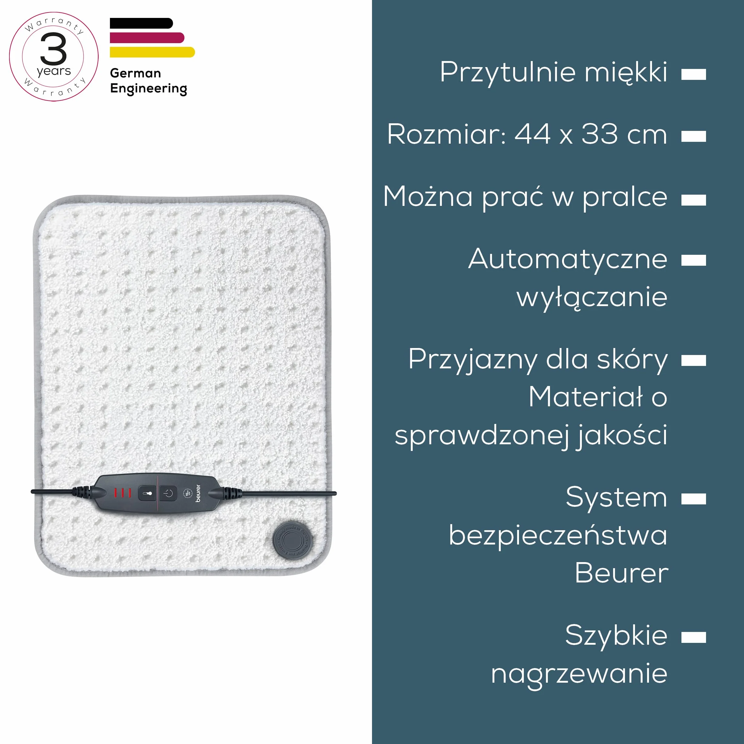 Beurer HK 43 elektryczna poduszka grzewcza, wyjątkowo puszysta poduszka cieplna z automatycznym wyłączaniem i 3 stopniami temperatury, z szybkim nagrzewaniem, nadająca się do prania w pralce, biała