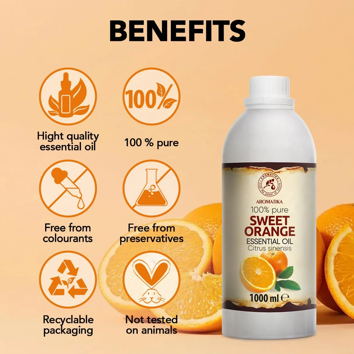 Olejek Eteryczny Ze Słodkiej Pomarańczy 1000 ml - Citrus Sinensis - Olejek Pomarańczowy do Dyfuzora - Zapach Cytrusów - Aromaterapia - Świece Zapachowe - Mydła - Odświeżanie Powietrza