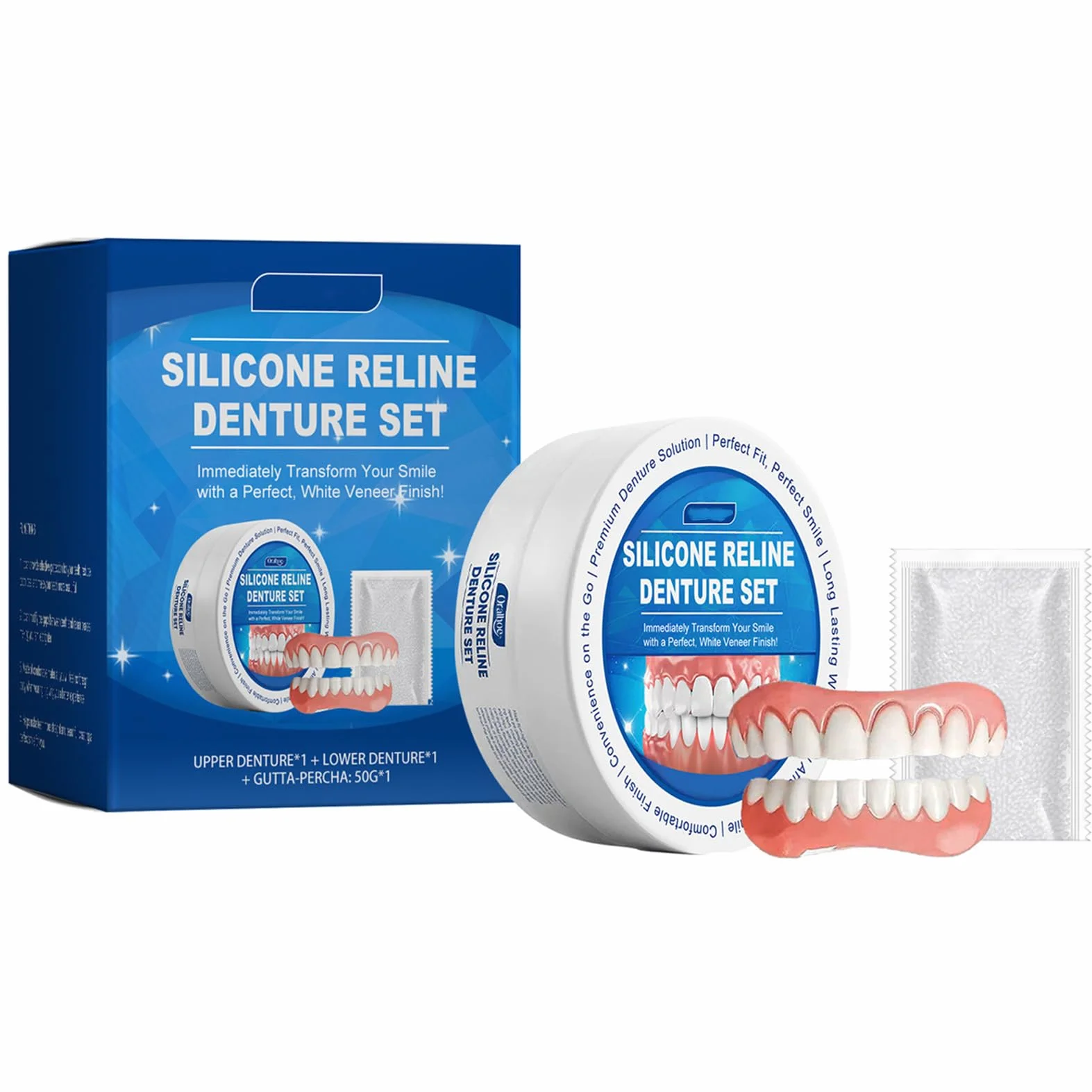 Silicone Reline zestaw do zębów, silikonowe protezy zębowe, kompletny zestaw, wygodne miękkie protezy tymczasowe