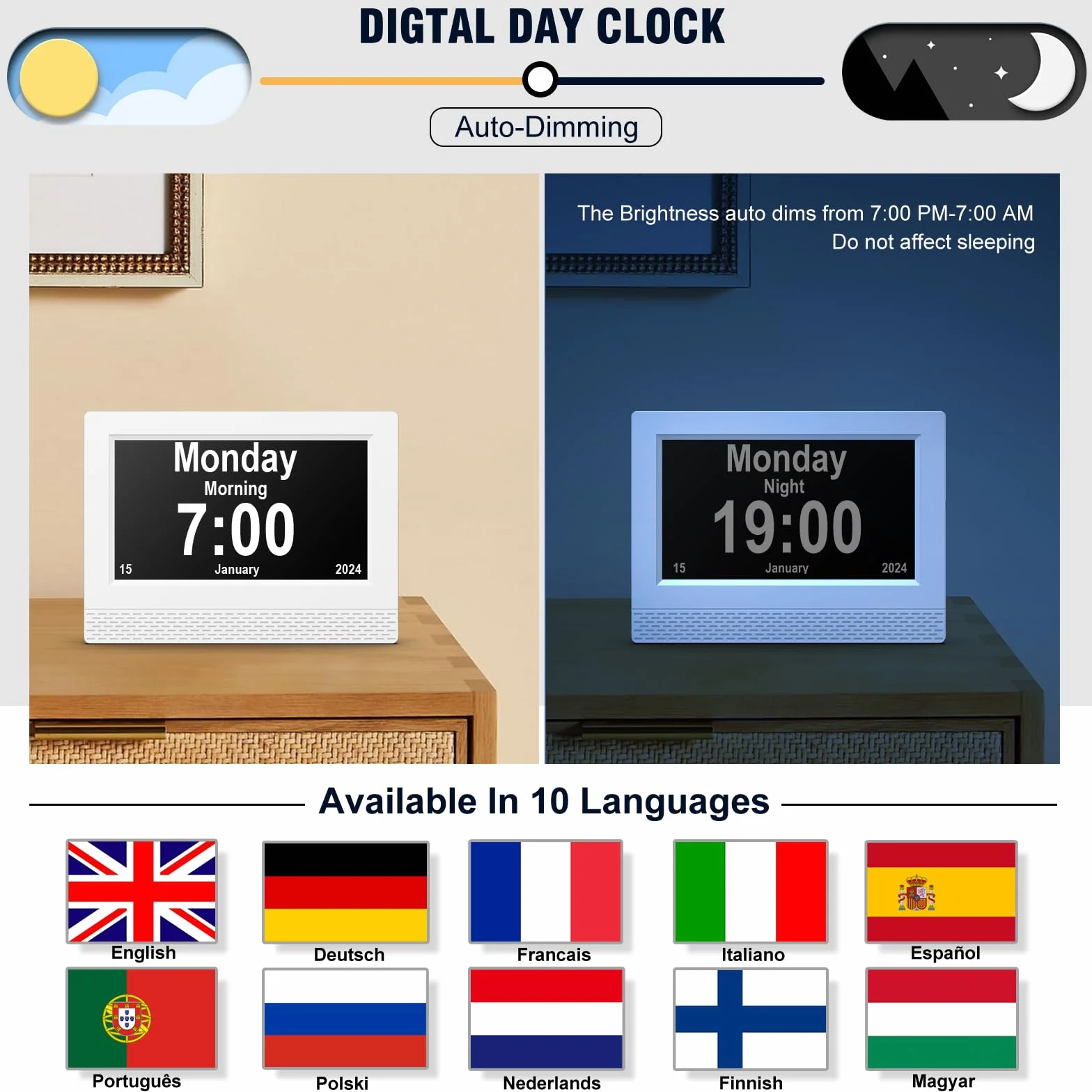Budzik Cyfrowy Kalendarz Zegar, 7" LCD Automatyczne ściemnianie z czasem, datą, rokiem miesiącem dzień bez skrótu Pełny zegar dla osób starszych Utrata pamięci Alzheimer demencja - biały