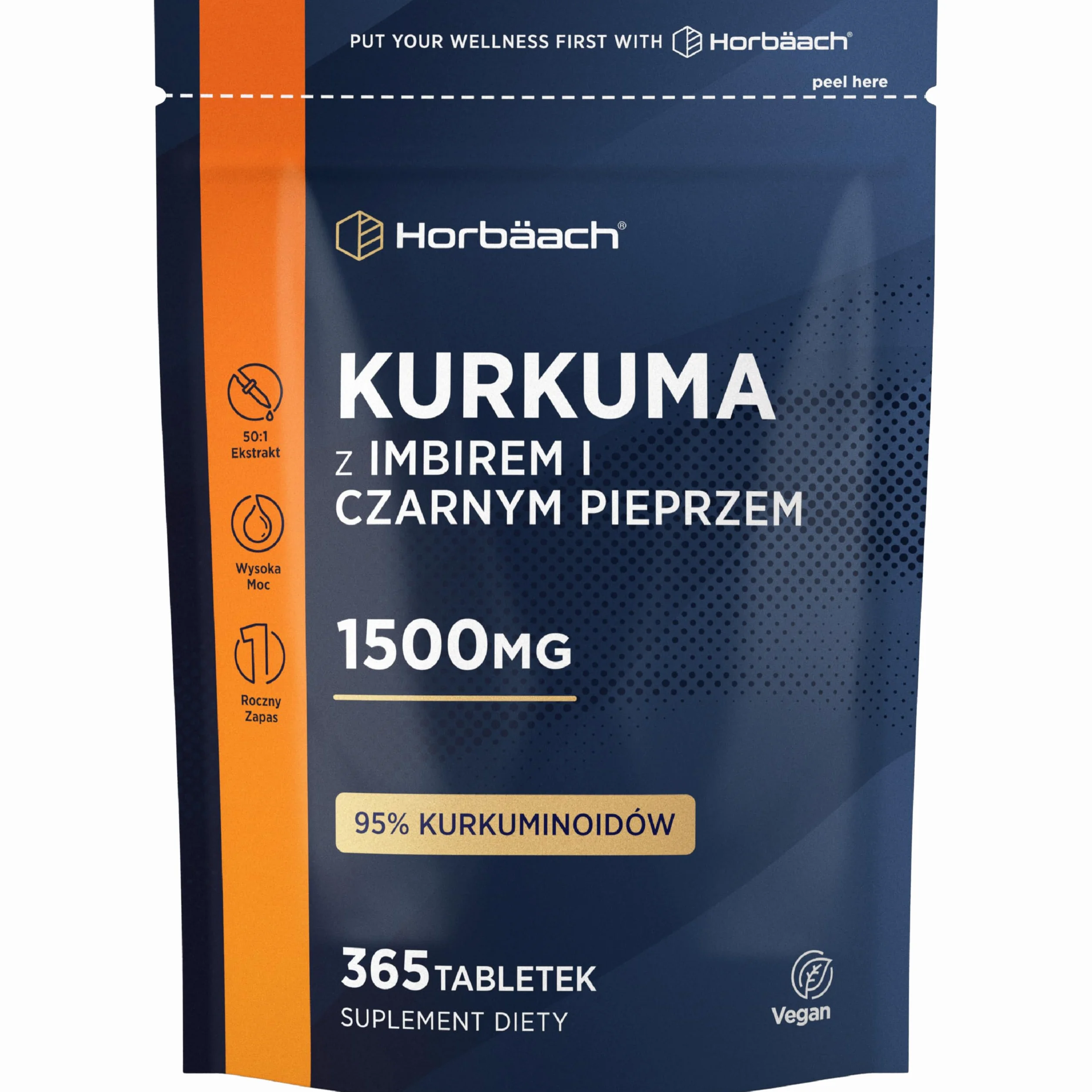 Kurkuma Tabletki 1500mg z Czarnym Pieprzem i Imbirem | 95% Kurkuminoidów | Roczny zapas | Wysoka zawartość aktywnego ekstraktu kurkuminy | 365 Wegańskich Tabletek | marki Horbaach
