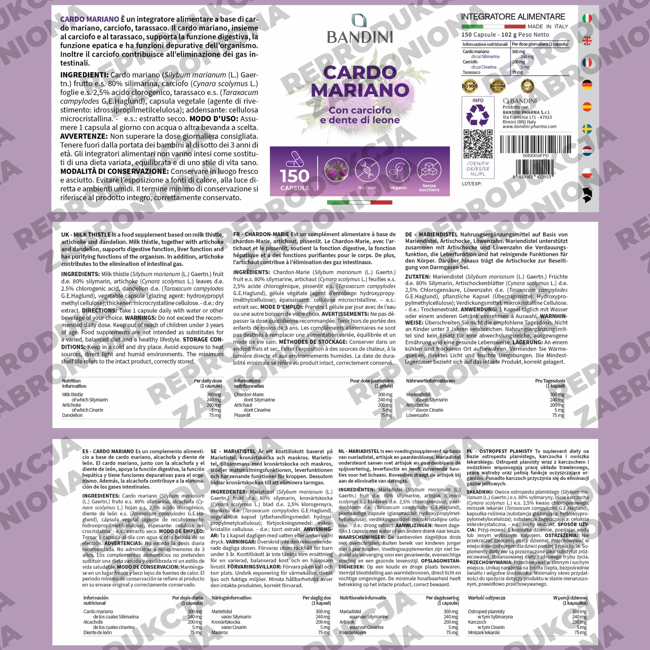 Bandini® Cardo Mariano Complex - karczoch mniszka lekarskiego - 150 kapsułek - wysoko dozowany z 80% sylimaryny - bez stearynianu magnezu, wyprodukowany we Włoszech - Wytwarzane metodą HPLC