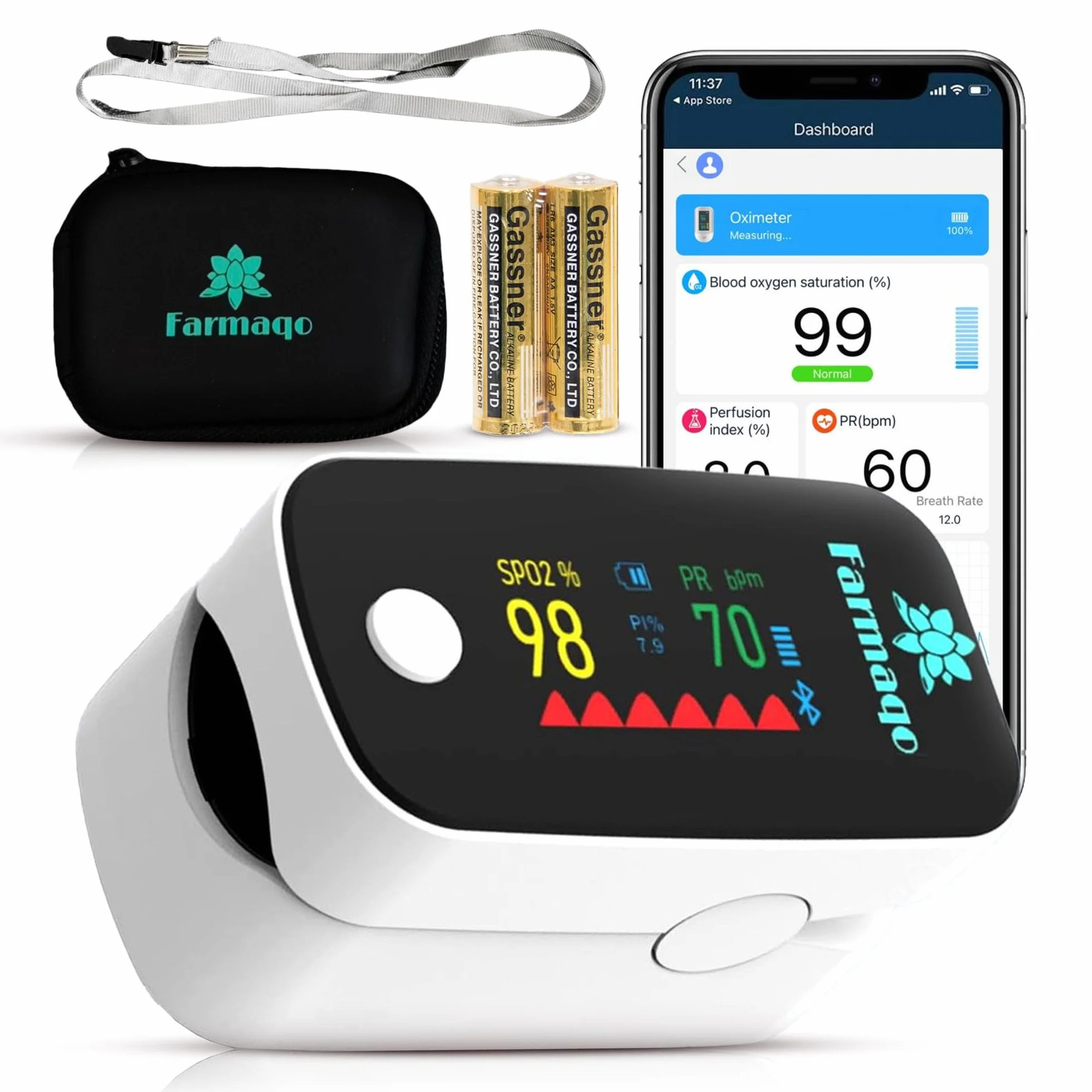 Pulsoksymetr palcowy Bluetooth z aplikacją medyczny SpO₂ monitor tętna PI RR kolorowy ekran OLED CE etui baterie