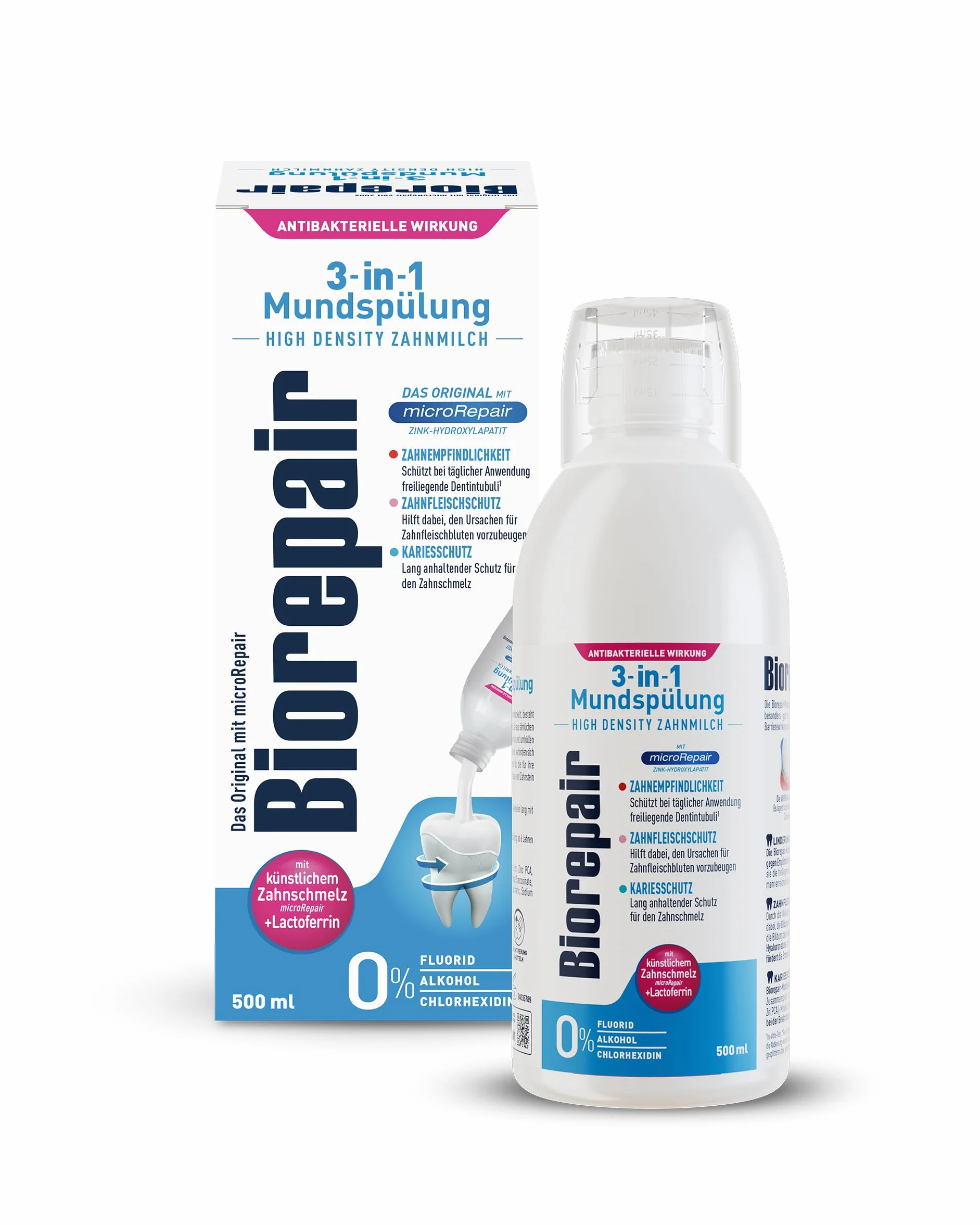 Biorepair Płyn do płukania jamy ustnej 3 w 1 – oryginalny produkt z hydroksyapatytem cynkowym microRepair – ze sztuczną emalią zębów, zdrowiem dziąseł i profilaktyką próchnicy, 500 ml