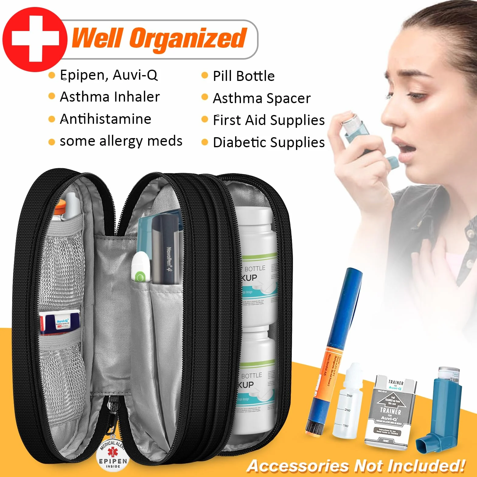 SITHON EpiPen medyczna torba do przenoszenia z breloczkiem do kluczy Epipen Inside, przenośny, dwuwarstwowy organizer na 2 EpiPens, inhalator na astmę, antyhistaminowy, Auvi-Q,, czarny, THJFA42EU