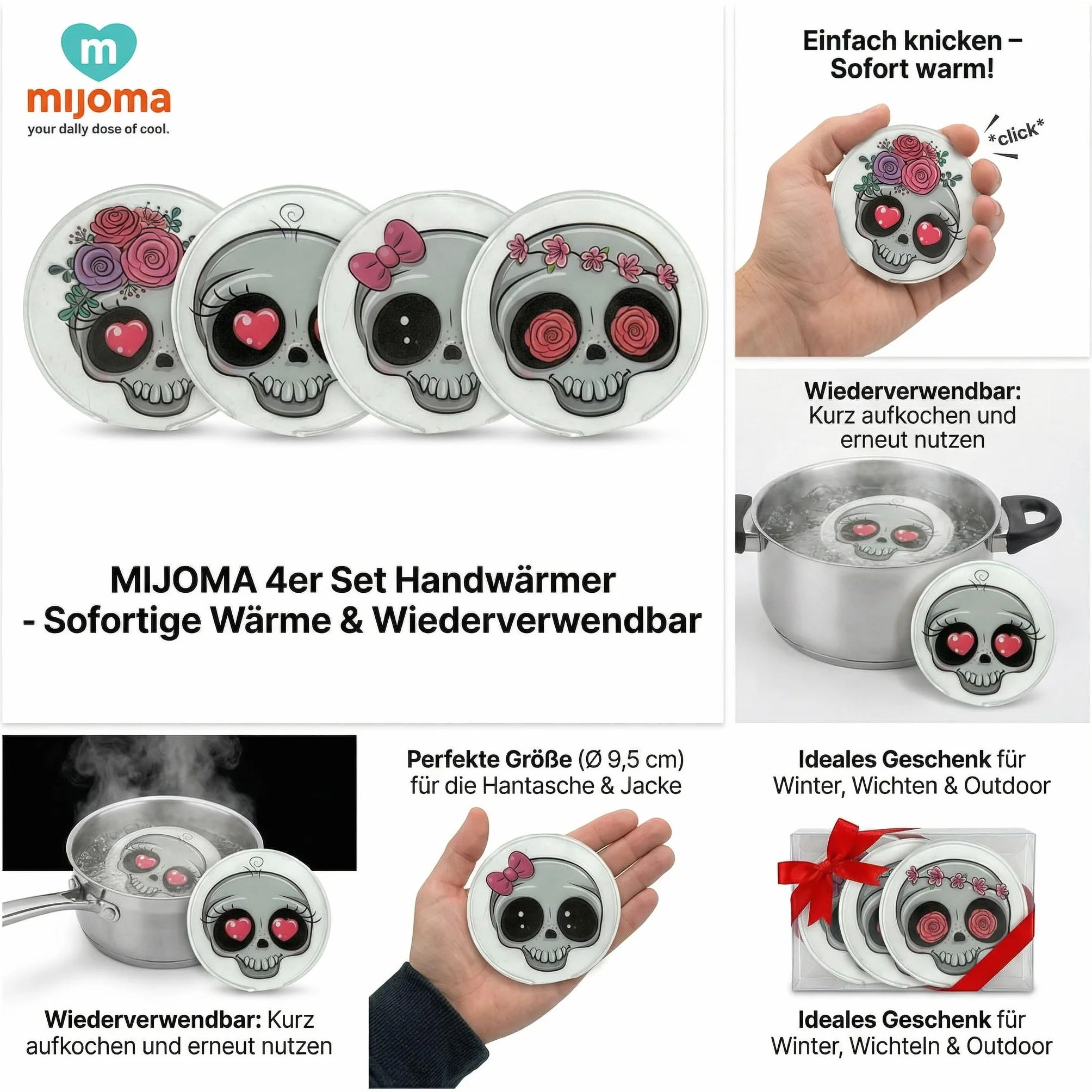 MIJOMA 4-częściowy zestaw ogrzewaczy do rąk, ogrzewacze do kieszeni wielokrotnego użytku z funkcją klikania, gotowe do użycia, na zimę, na zewnątrz, jako prezent