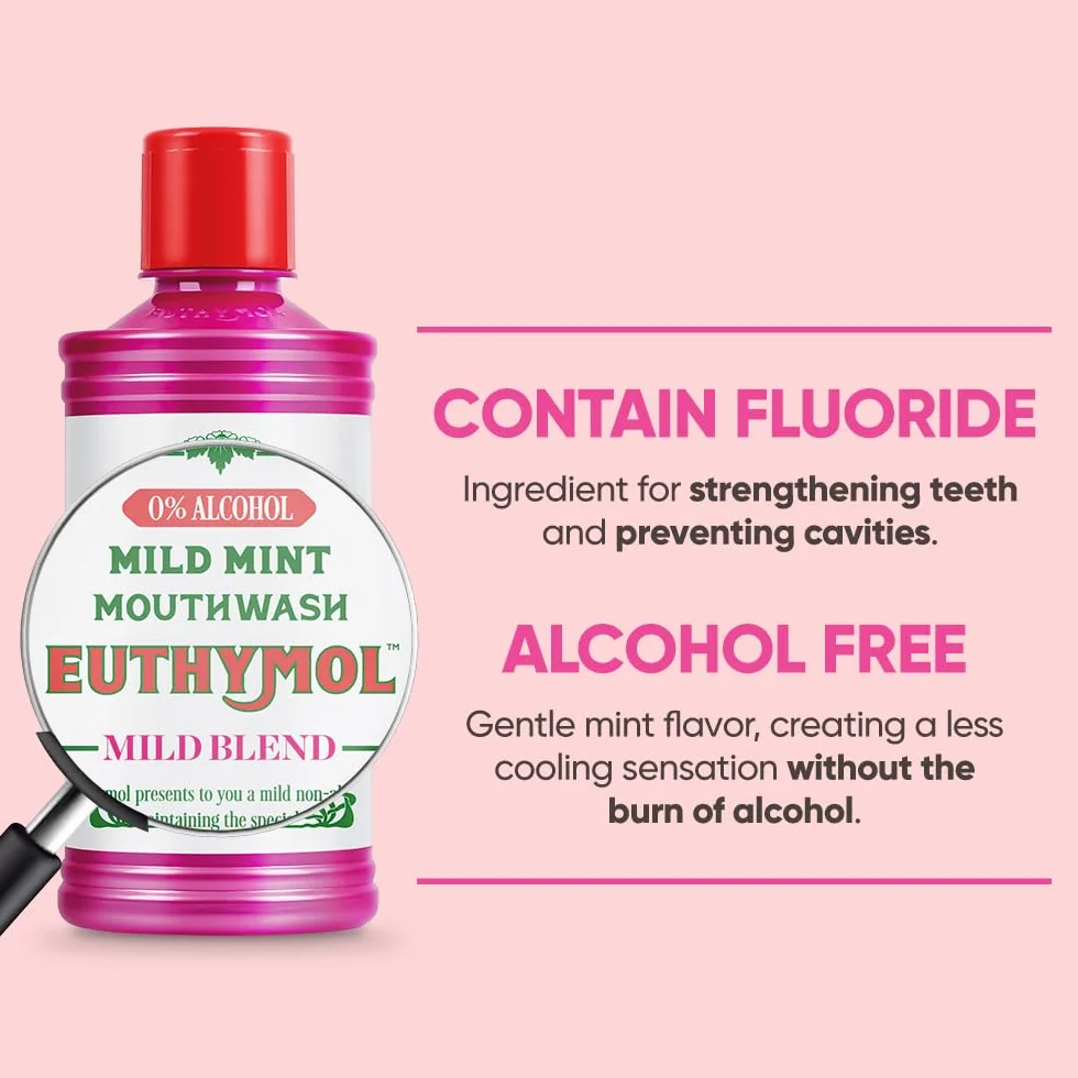 Euthymol Mouthwash Mild Mint 500 ml x 2, nie zawiera alkoholu, wyrazisty smak, redukcja płytki nazębnej dziąseł czystych dziąseł, odświeża odświeżająca oddech codzienna pielęgnacja zębów