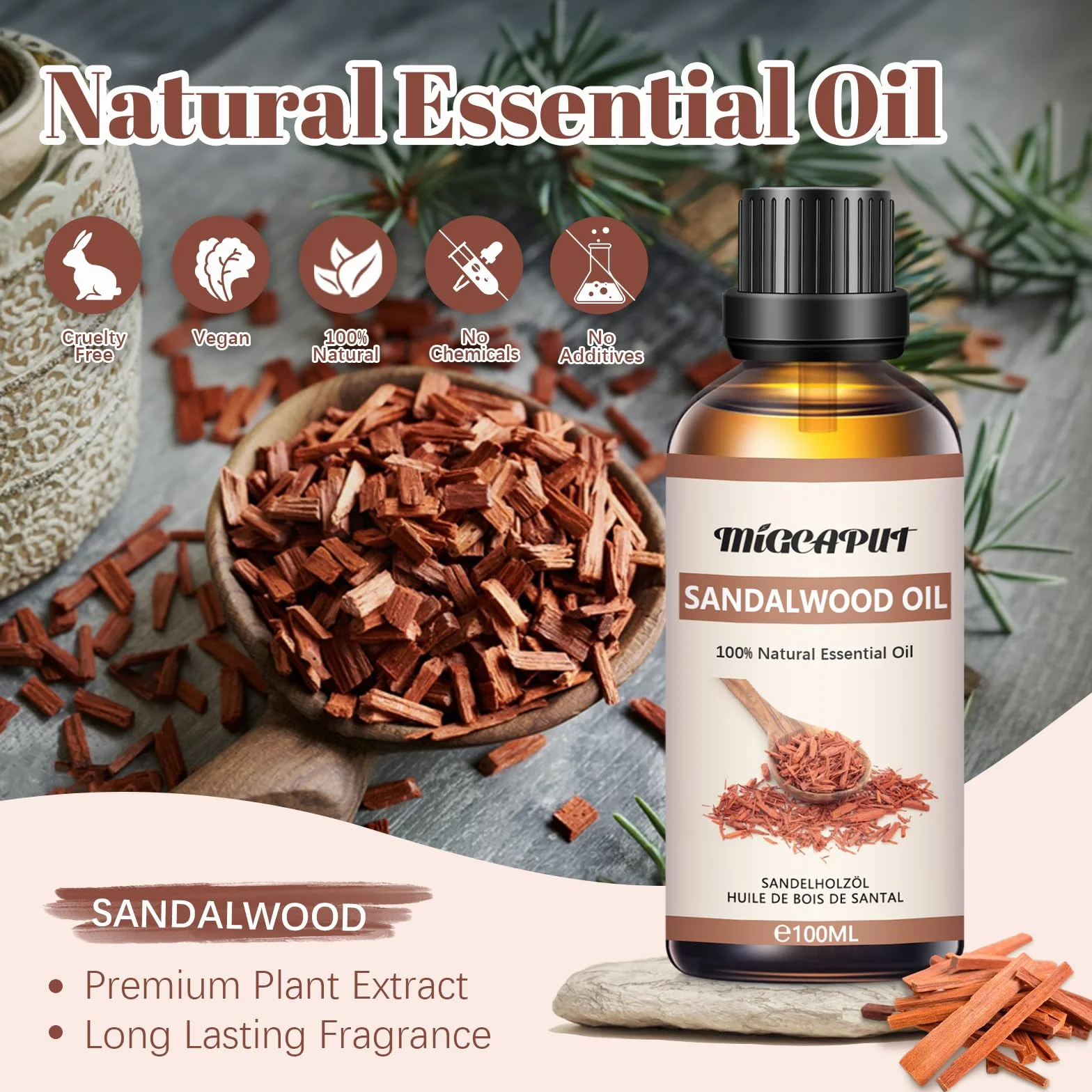 MIGCAPUT Olejek Eteryczny z Drzewa Sandałowego 100ML, Naturalny Olejki Aromaterapeutyczny, Olejek Zapachowy Premium do Dyfuzora, SPA, Masażu, Ręcznie Robione Mydło, Ręcznie Robione Świece