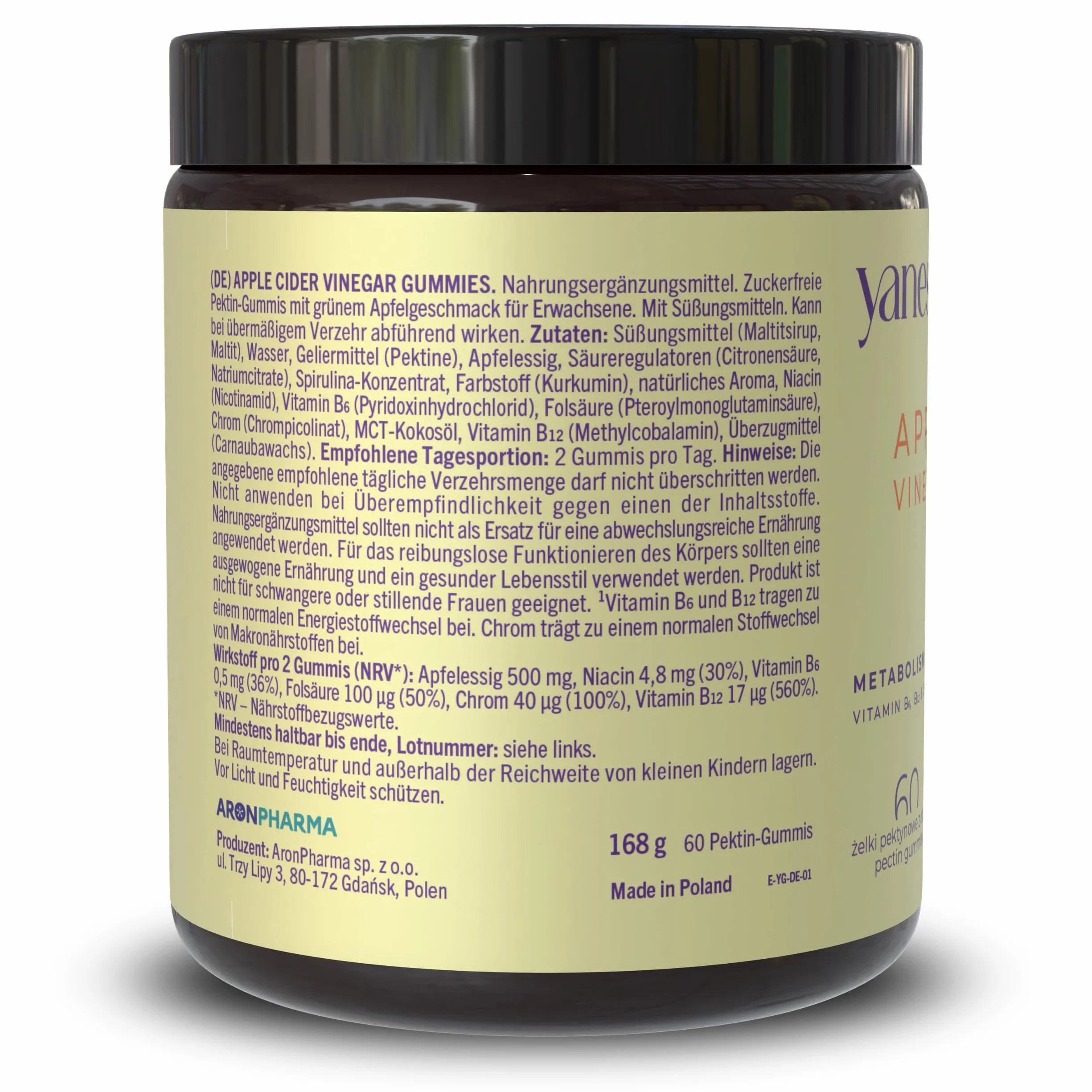 Yanesse Żelki z octem jabłkowym na odchudzanie i metabolizm – 60 wegańskich żelków Apple Cider Vinegar bez cukru – z chromem, witaminą B12 i B6 na trawienie, energię i napady głodu – zapas miesiąc