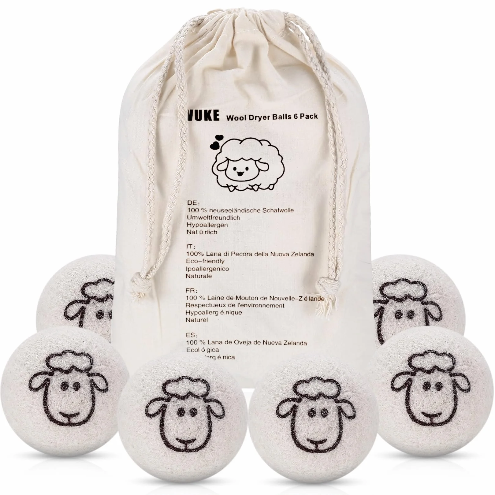 6 x piłka do suszarki do prania, 7 cm, 100% czysta wełna owcza, puchowa kurtka, naturalny płyn do płukania, antystatyczny czas schnięcia, z torbą do przechowywania