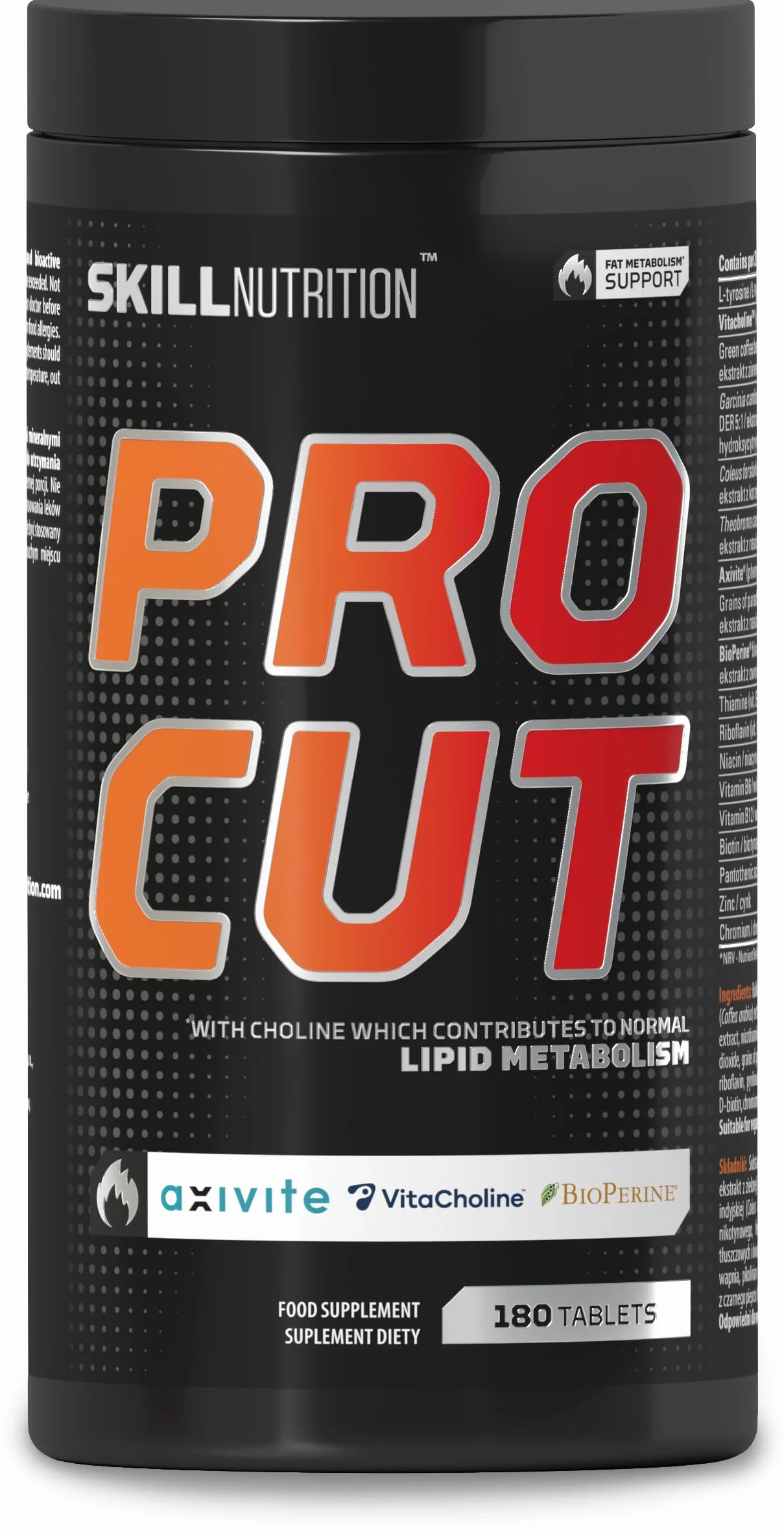 Skill Nutrition Pro Cut 180 tabletek spalanie tłuszczu zielona herbata L-karnityna CLA BioPerine® metabolizm energia