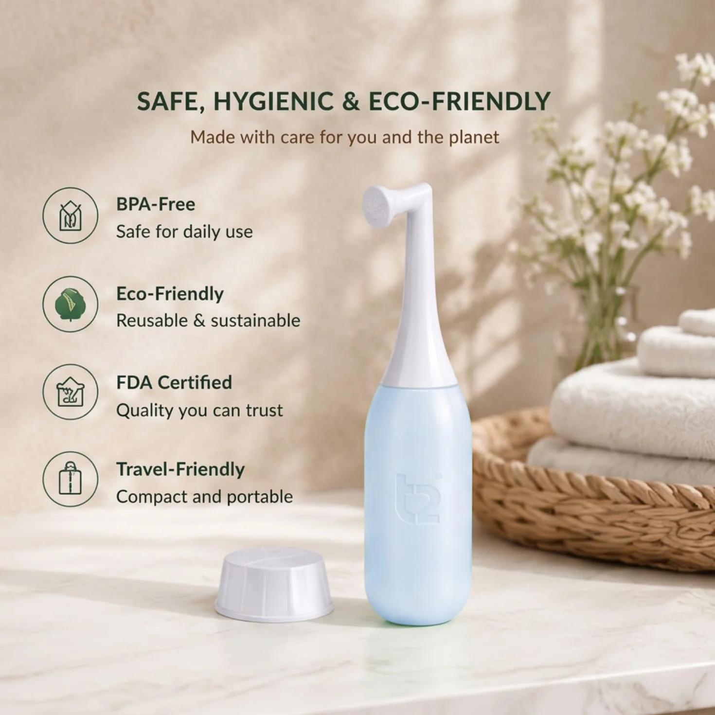 T2 500 ml Butelka Peri, butelka do czyszczenia krocza z nasadką pod kątem, przenośny bidet poporodowy, nakrętka do przenoszenia wody, torba podróżna, niebieski niebiański