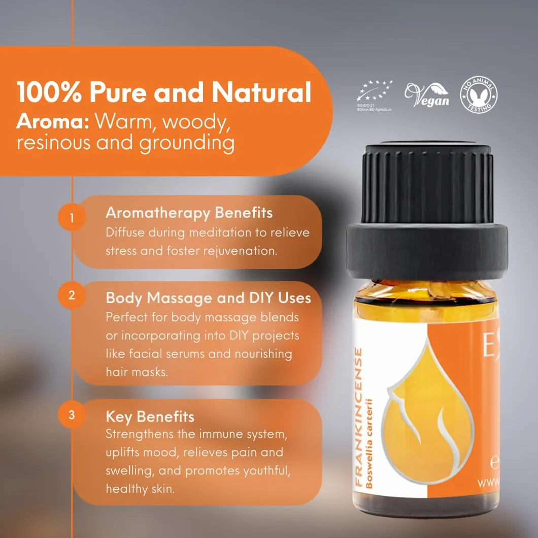 Essences Bułgaria Organiczny Olejek Eteryczny z Kadzidła 5 ml | Boswellia carterii | 100% Czysty i Naturalny | Nierozcieńczony | Klasa Terapeutyczna | Aromaterapia | Kosmetyki | Bez okrucieństwa